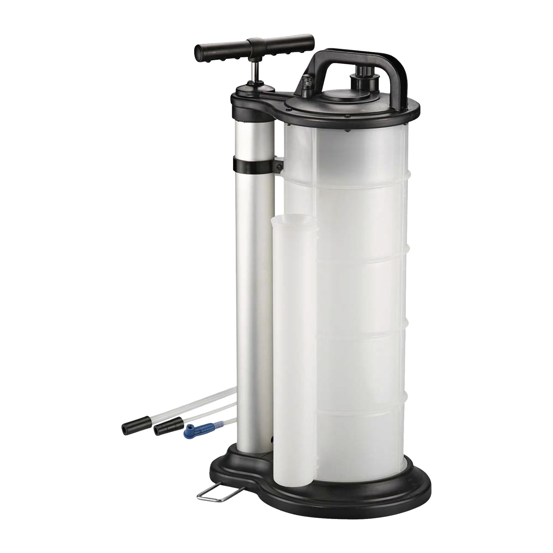En Hamron-olje- och vätskeborttagare med en rymlig, klar cylindrisk tank, svart handtag och lock, integrerat pumpsystem och flexibla anslutna slangar för vätskeutsug eller överföring.