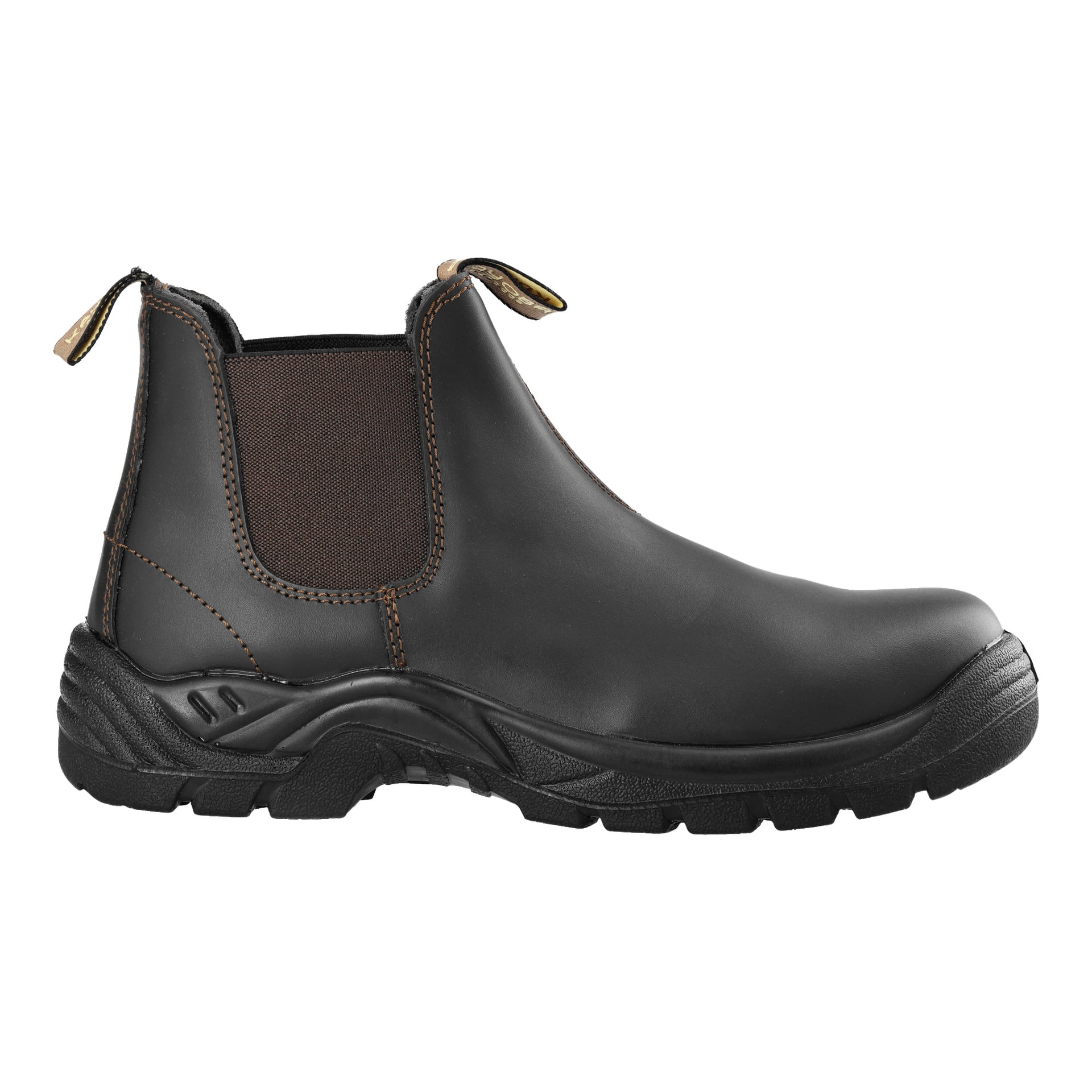 Kayoba Outdoor Jodhpur-stövlar visas i svart, designade som slip-on arbetsskor med bruna elastiska paneler på sidorna, en robust gummisula och dragflikar fram och bak. Stövlarna framhäver synliga sömmar, en förstärkt tådel och är byggda för krävande industriella eller tunga miljöer.