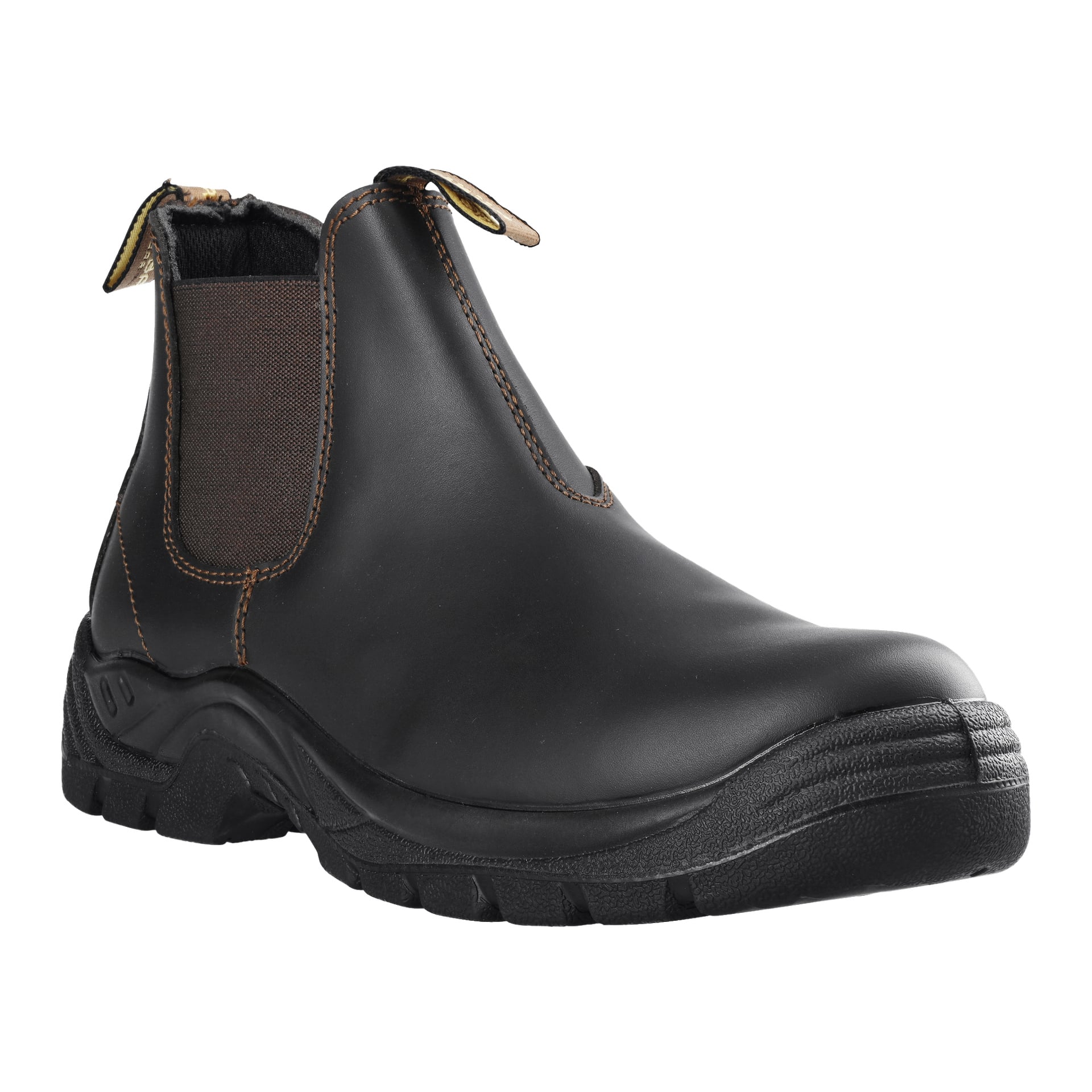Ett par Kayoba Outdoor Jodhpur-stövlar med svart slip-on-stil, bruna elastiska sidopaneler, orange sömdetaljer, en dragflik vid hälen och tjocka svarta sulor med mönstermönster.