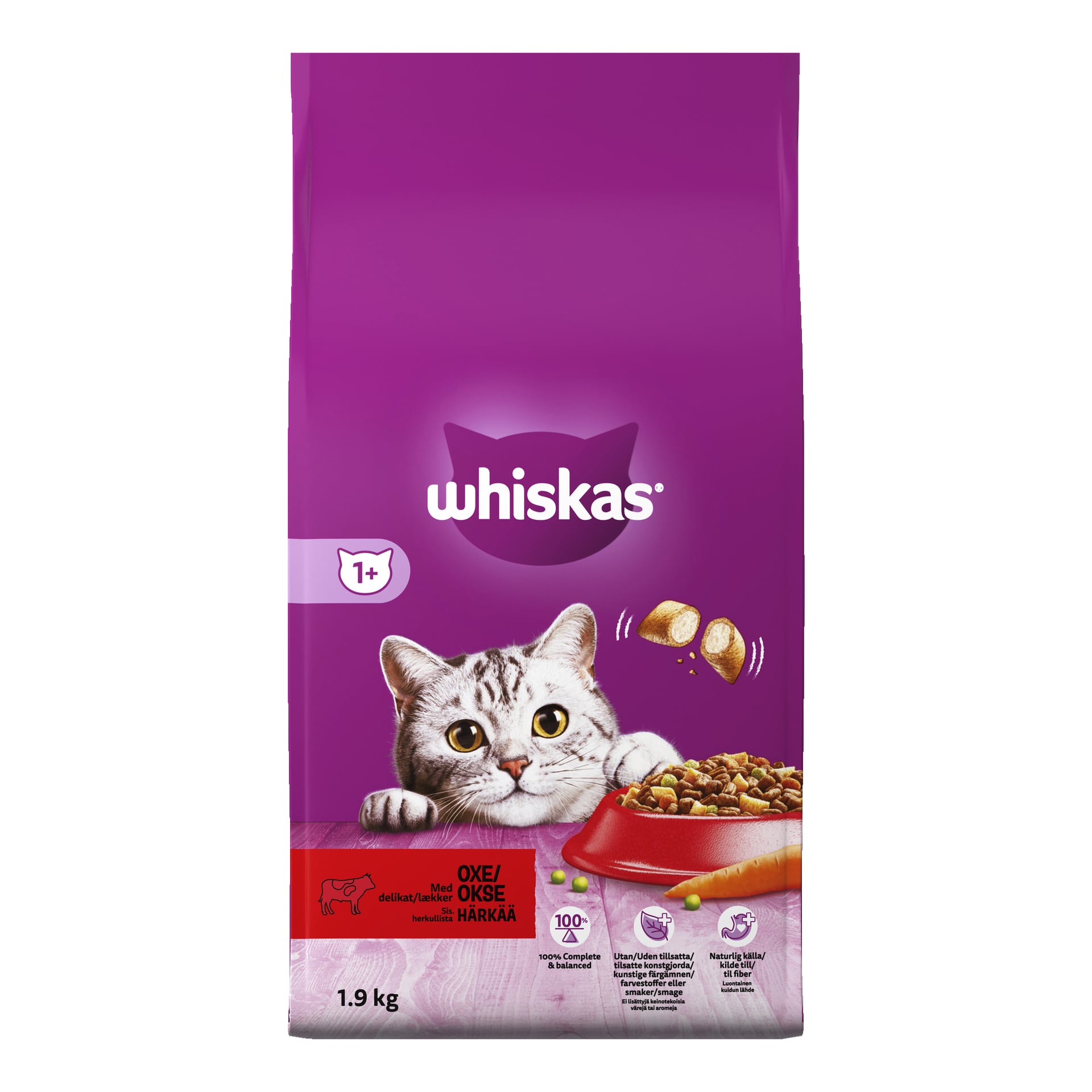 En 1,9 kg Whiskas kattmat 1+ Beef-påse för vuxna katter, med en grå tabbykatt bredvid en röd skål full med torrfoder. Förpackningen innehåller text och ikoner som betonar viktiga fördelar och nötköttssmak.