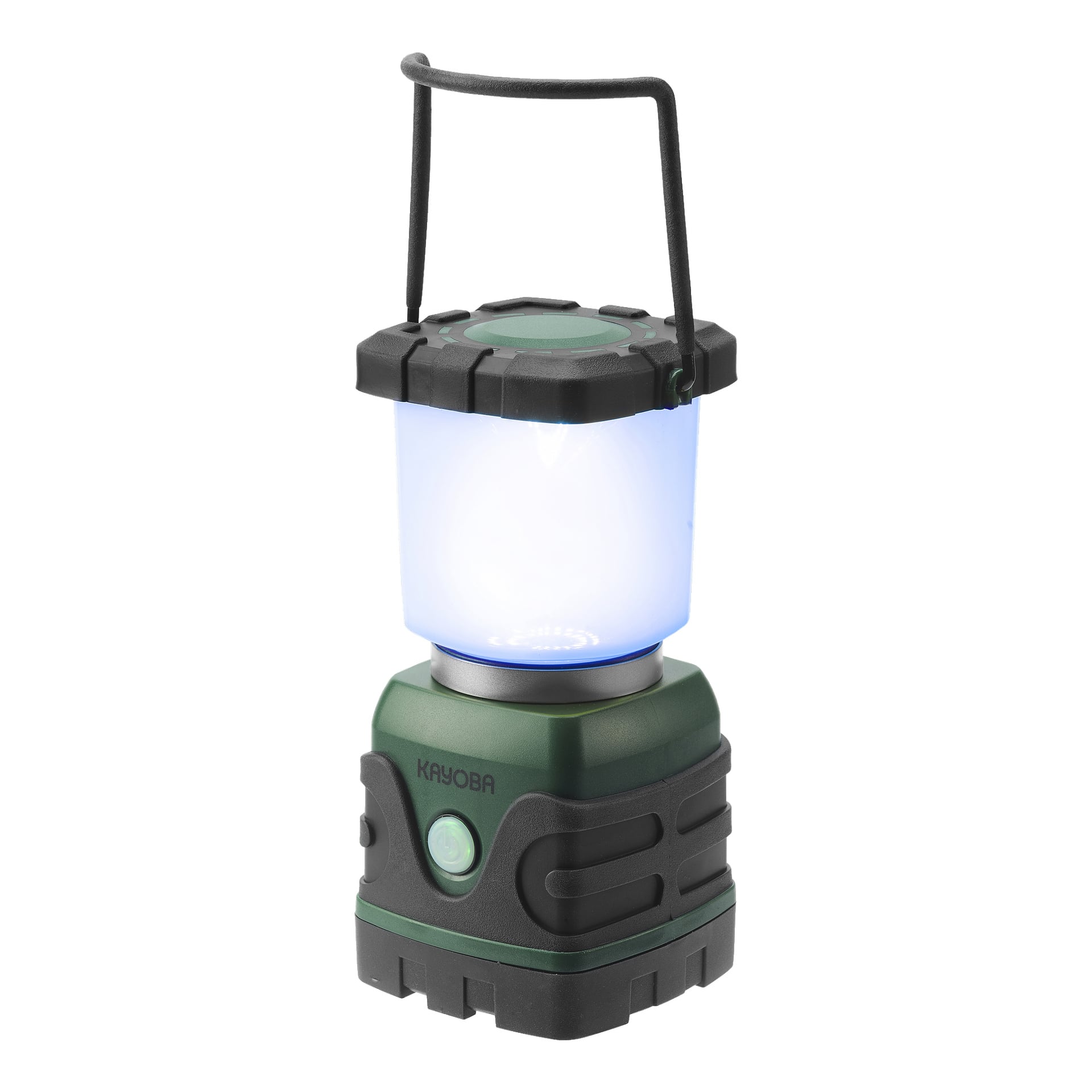 En grön och svart Kayoba Outdoor Camping-lykta med fyrkantig bas, en stor rund strömknapp framtill, en genomskinlig övre del som lyste med blåvitt ljus, och ett stadigt metallhandtag designat för bärande eller upphängning.