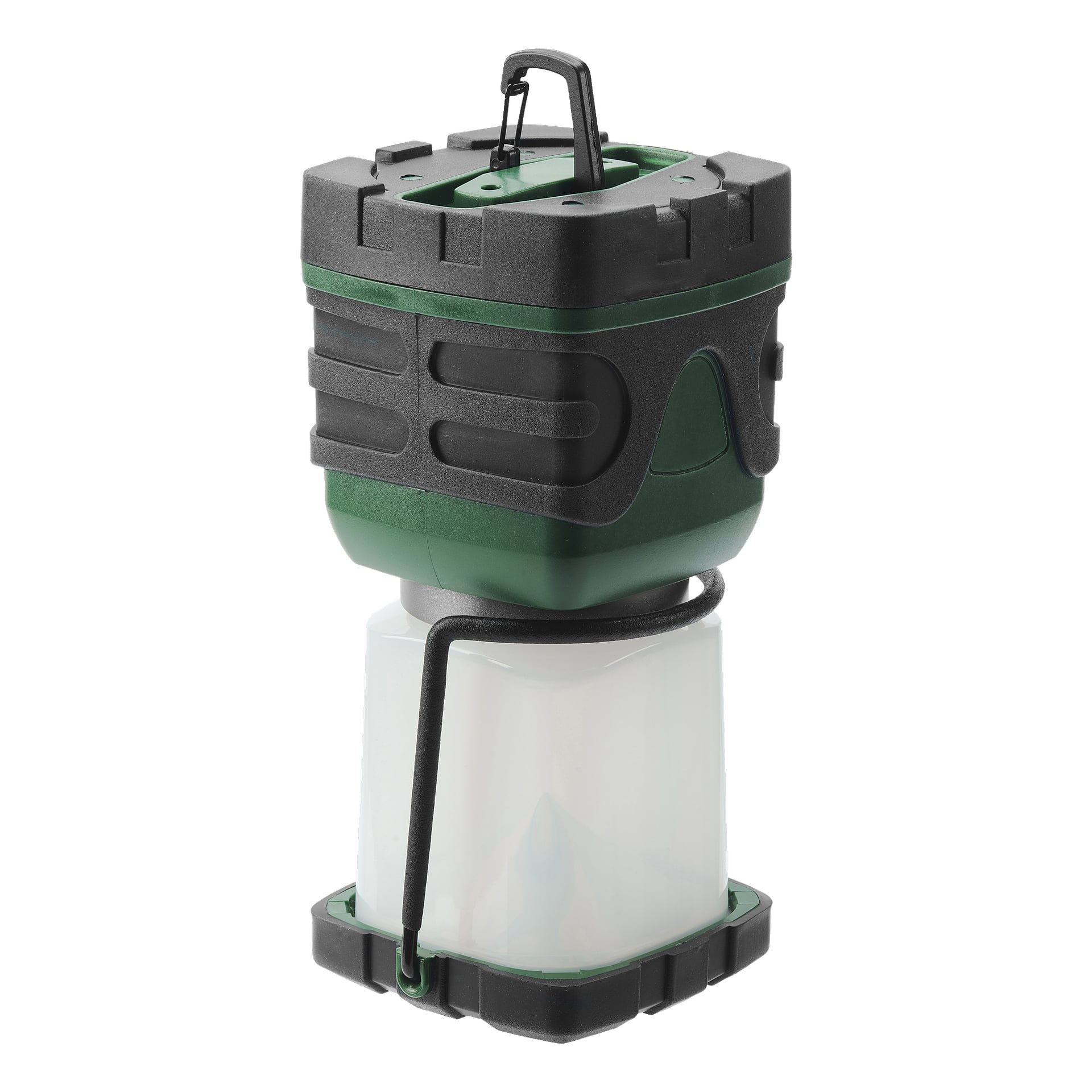 En Kayoba Outdoor Camping-lampa med svart och grön plasttopp, en transparent nedre del för att sprida ljus, ett handtag på toppen för att bära och ett metallstativ fäst vid basen.