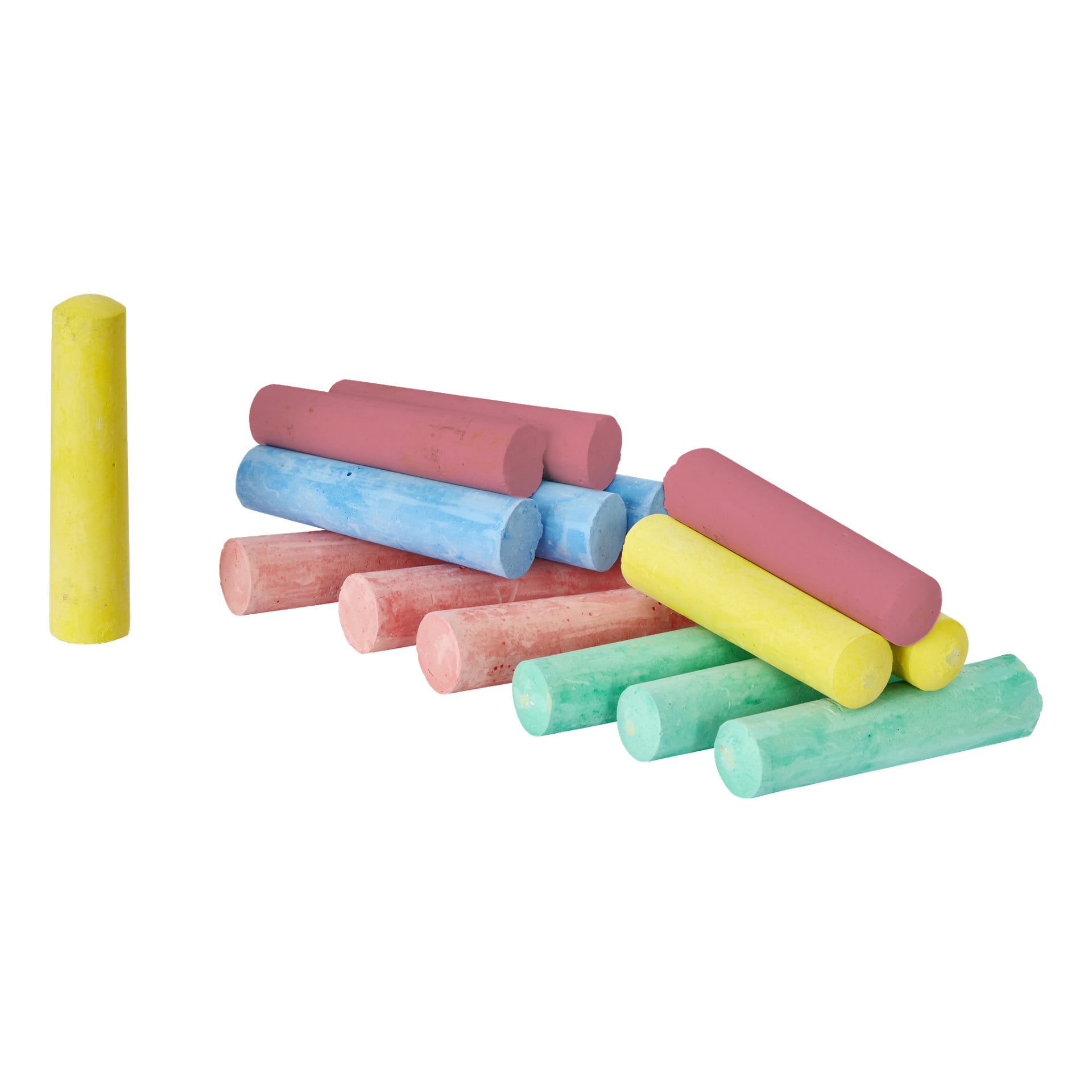 Ett 20-pack med Kayoba Street-kritor visar färgglada pinnar i nyanser av gult, rosa, blått, grönt och orange samlade i en hög. En gul kritpinne är placerad på vänster sida.