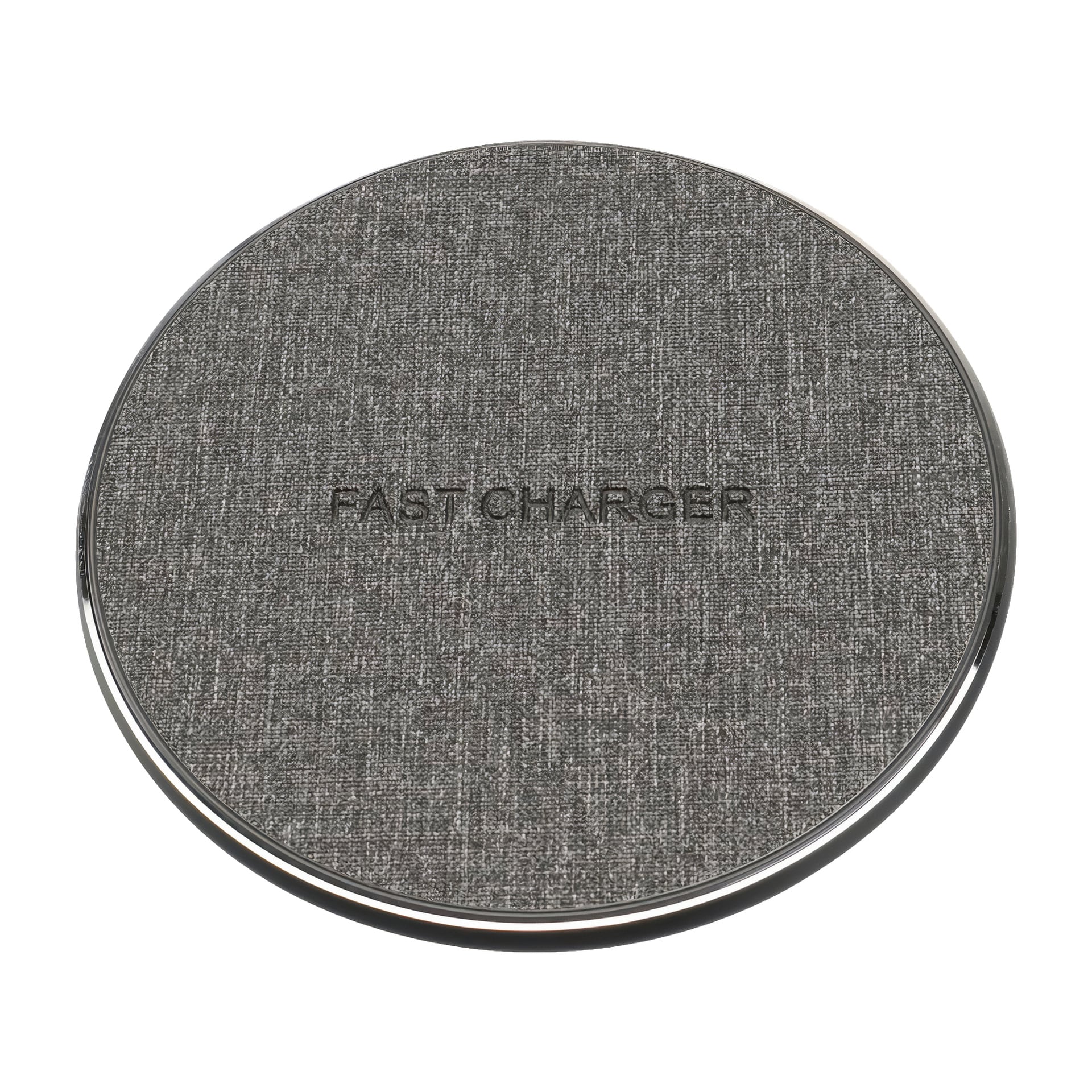 En cirkulär grå laddningsplatta från Anslut, designad med en tygtexturerad yta och orden "FAST CHARGER" tryckta i mitten. Kanten på dynan framhävs av en stilfull metallisk list.