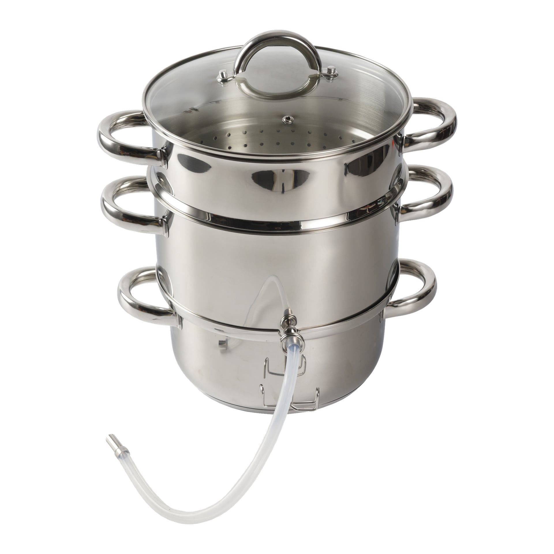 En trevånings rostfri Menuett Steam Juicer med lock, handtag på sidorna, en slang fäst i bottenvåningen och en perforerad övre sektion designad för ångning av frukt eller grönsaker.