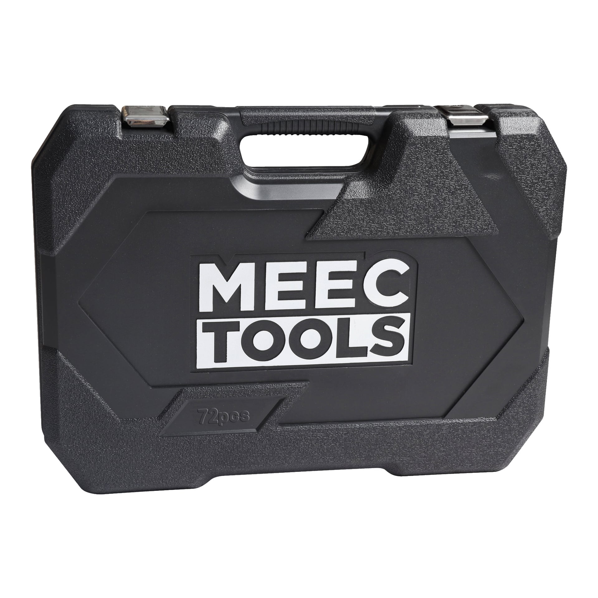 En robust svart plastväska med handtag och två silverlås, med Meec Tools-loggan i fet vit text framtill och "72 pcs" präglad nära det nedre hörnet, lämplig för att hålla ett 72-delat verktygskit.