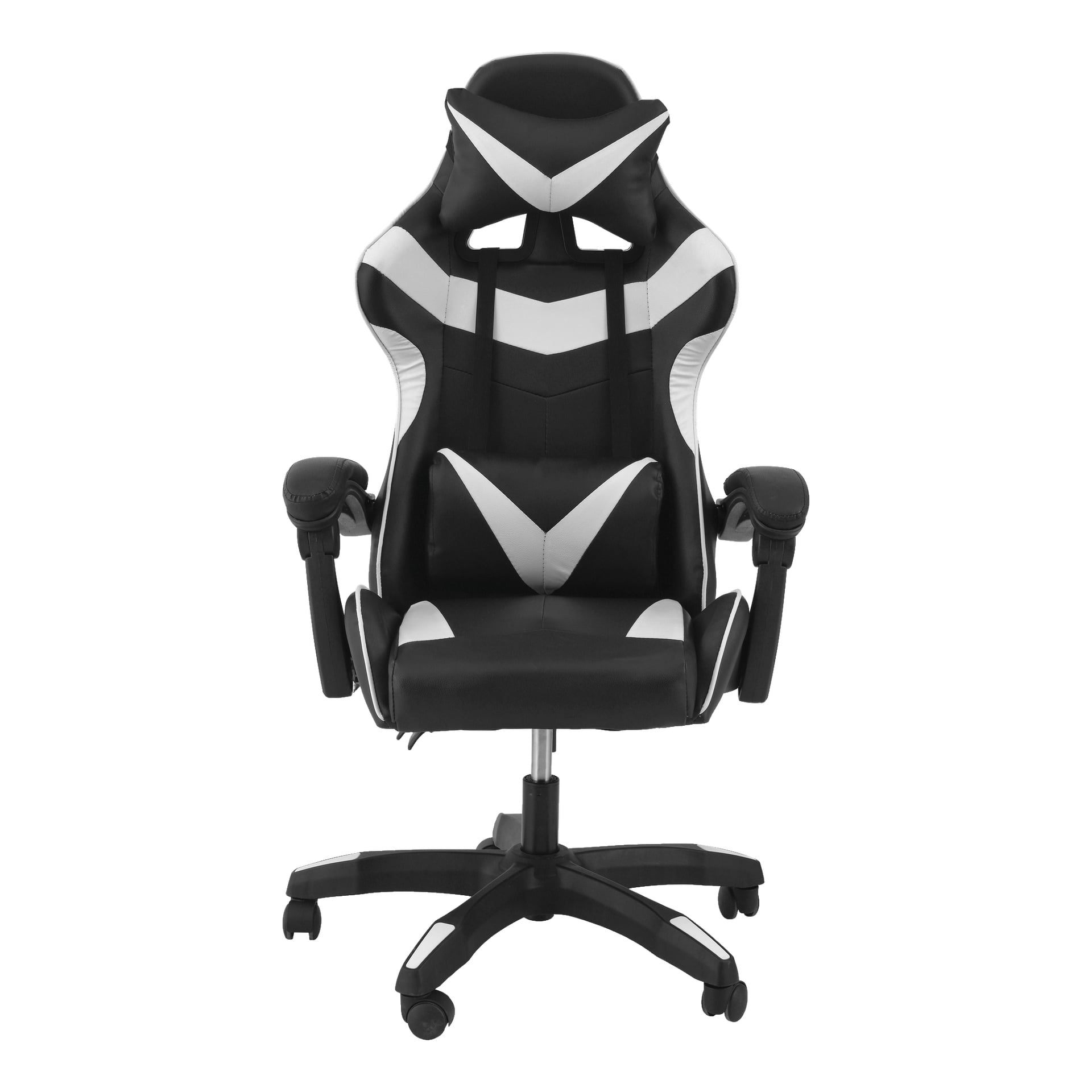 EKVIP Gamingstol med ett slankt, svart och vitt kantigt mönster, designat för komfort med ergonomisk form, justerbara armstöd, högt ryggstöd, inkluderade ländryggs- och nackstödskuddar samt en hållbar femhjulsbas.