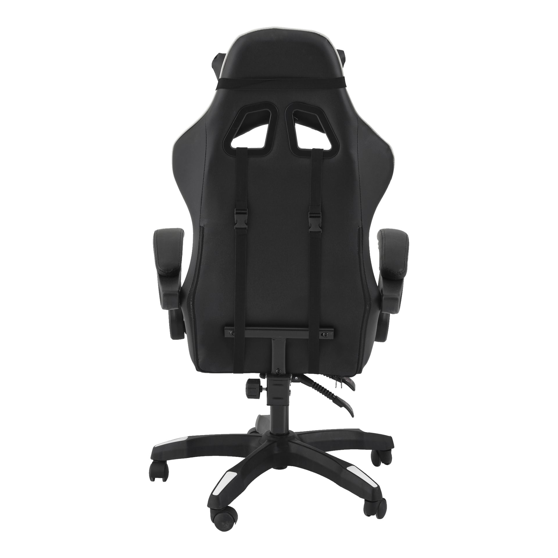 En svart EKVIP Gaming-stol syns bakifrån, med två armstöd, ett nackstöd med utskurna sektioner, ländryggsremmar och en stadig femhjulsbas. Spakar och rattar är synliga för personlig justering och komfort.