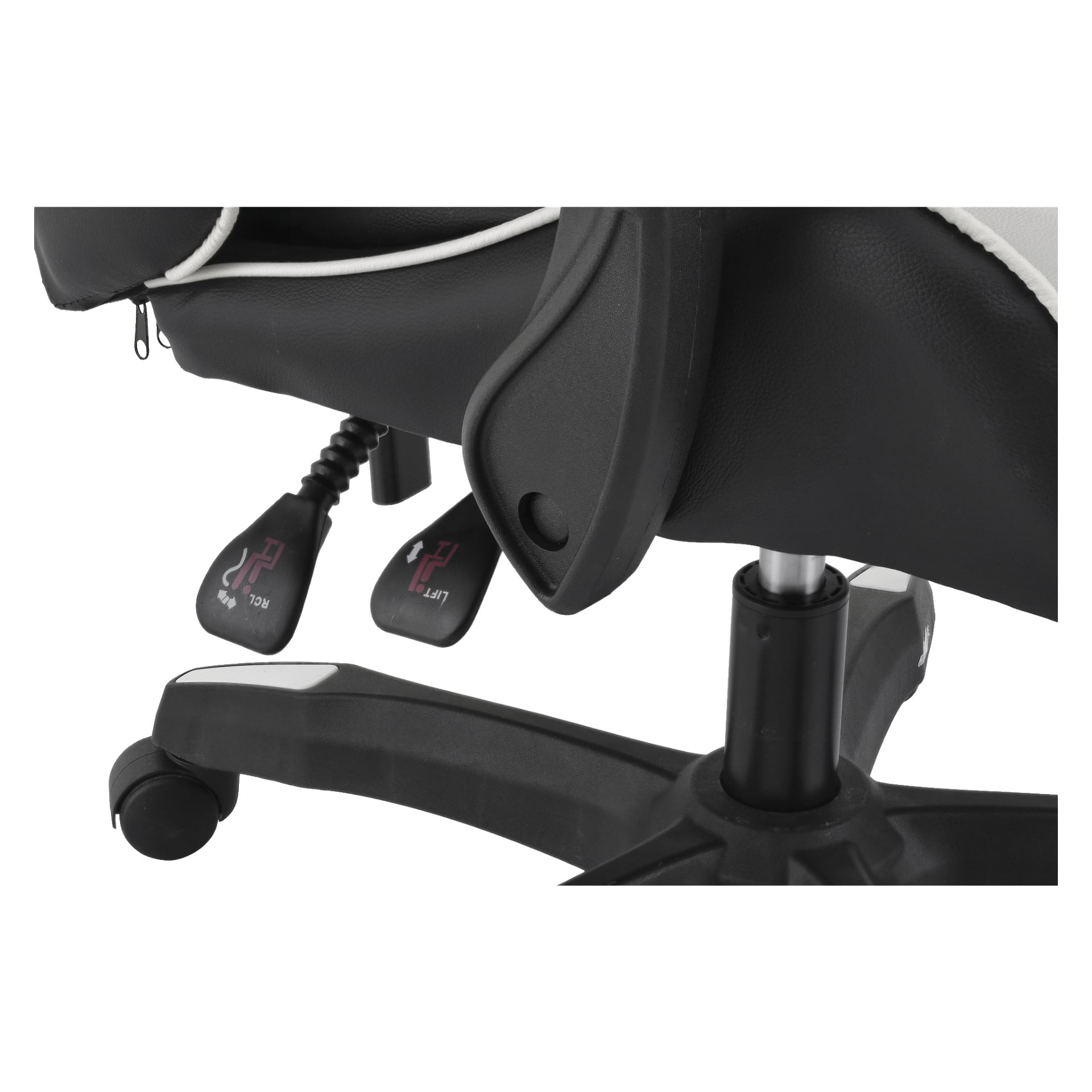 Närbild på EKVIP Gaming Chairs justeringsspakar märkta "Lift" och "Roll", bredvid dess hjuliga bas. Stolen har en svart färgskala med vita detaljer och en metallcylinder för att justera höjden.