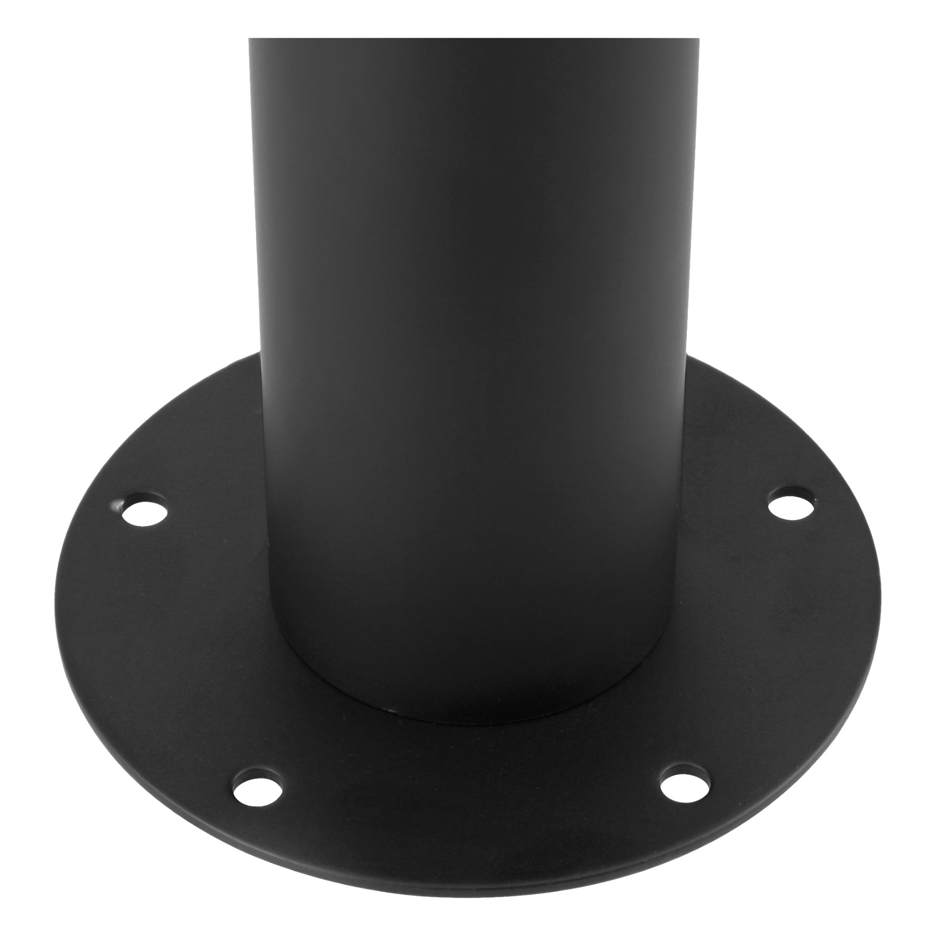 En detaljerad vy av ett svart metall Hard Head teleskopiskt möbelben, som visar dess släta, moderna cylindriska stolpe kopplad till en rund bottenplatta med fyra symmetriskt placerade monteringshål.