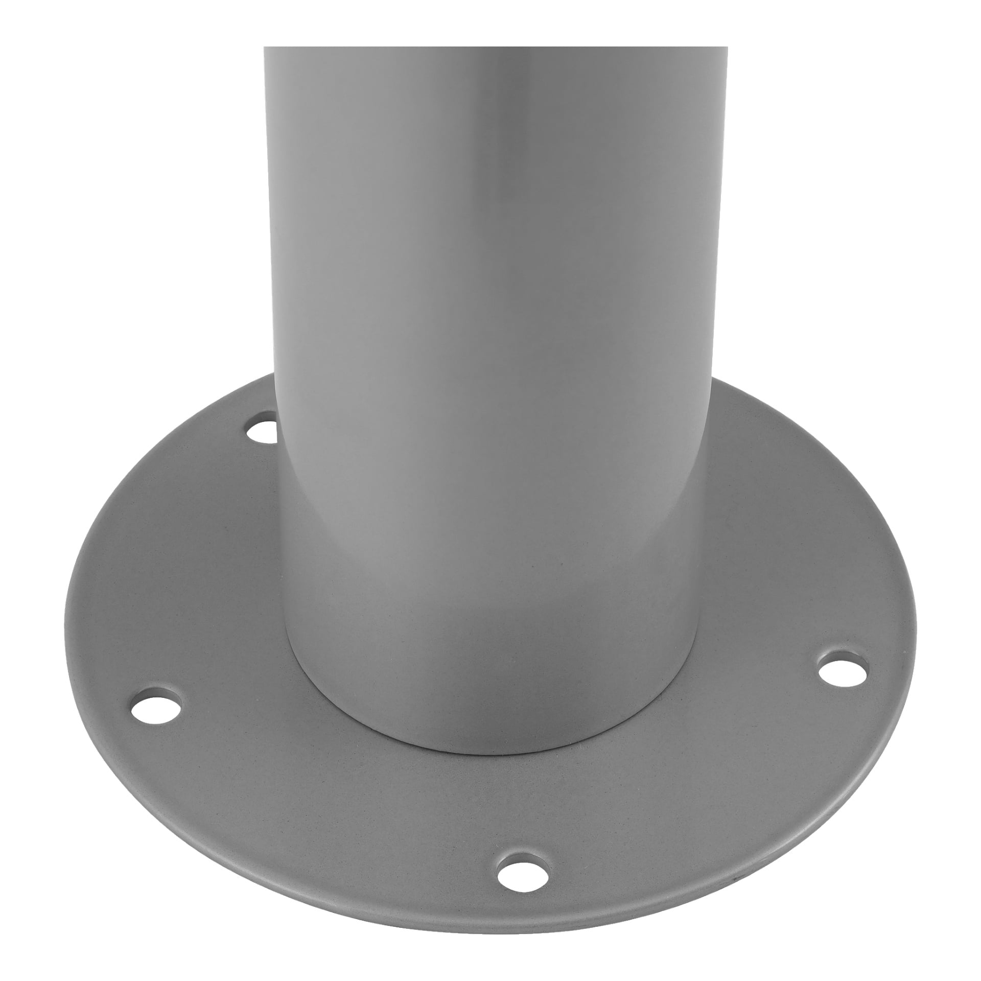 Närbild av ett Hard Head teleskopiskt möbelben, som visar en slät, mattlackad metallcylinder kopplad till en rund bottenplatta med fem monteringshål jämnt placerade runt kanten.
