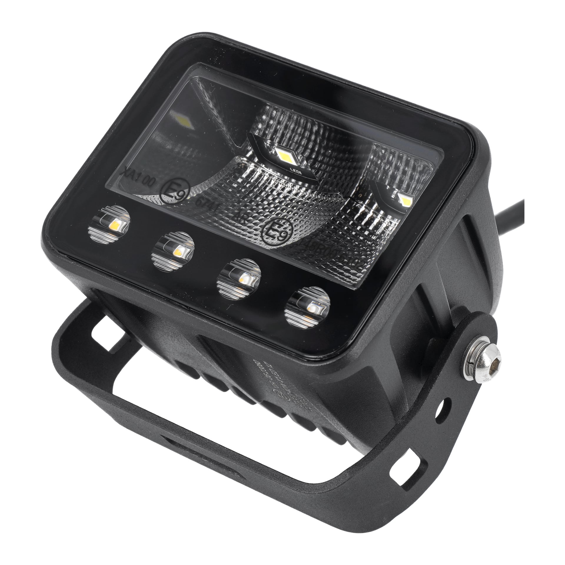 Detaljerad vy av en Hamron Work-lampa med LED-varningsfunktion, som visar dess svarta rektangulära form, transparenta frontpanel, fem framträdande LED-lampor inuti en reflekterande interiör och ett metallfäste monterat under. En enda svart tråd går ut från baksidan av enheten.