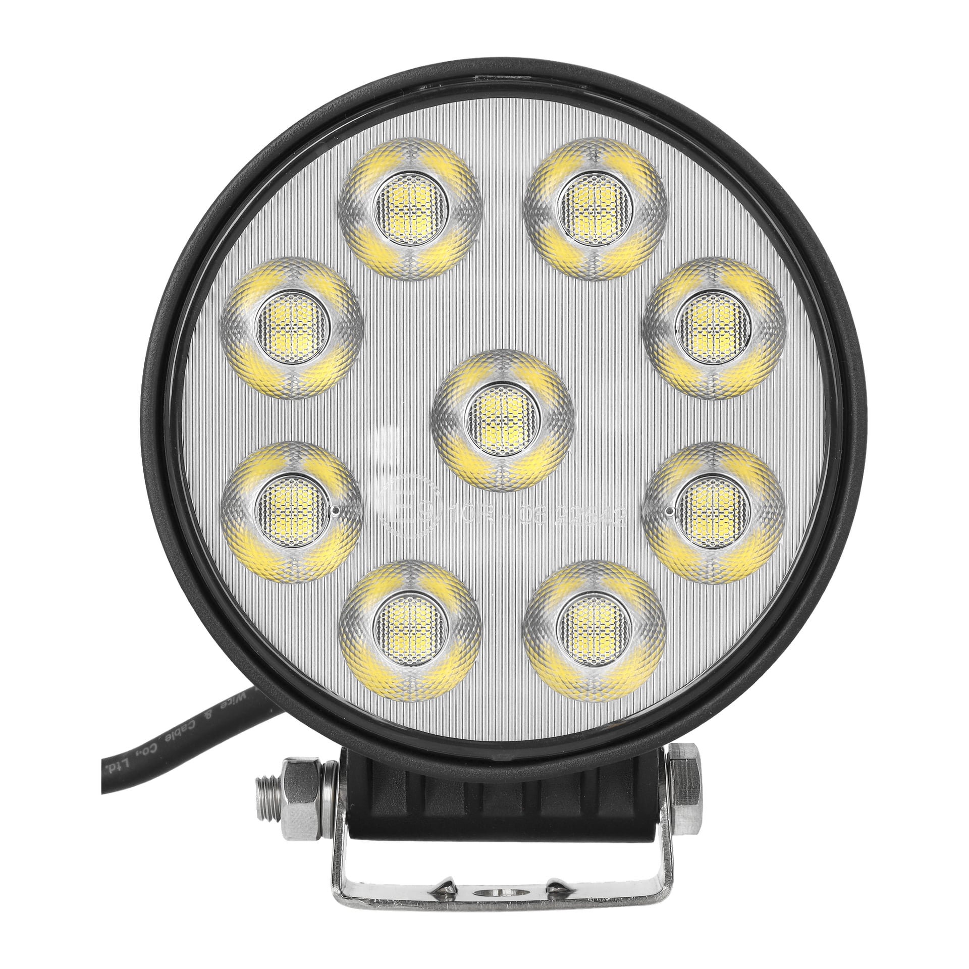 En Hamron LED-arbetslampa designad för permanent montering, med åtta LED-lampor placerade i en cirkulär layout inuti ett runt svart hölje, komplett med ett metallfäste för installation och en svart kabel som sticker ut från botten.