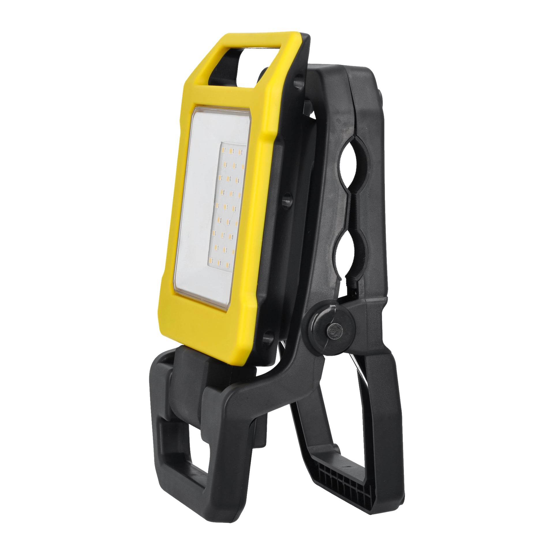Anslut Rechargeable arbetslampa är en portabel LED-lampa, designad med ett gult och svart plasthölje. Den har en rektangulär ljuspanel och levereras med ett justerbart gångjärnsställ för mångsidig placering.