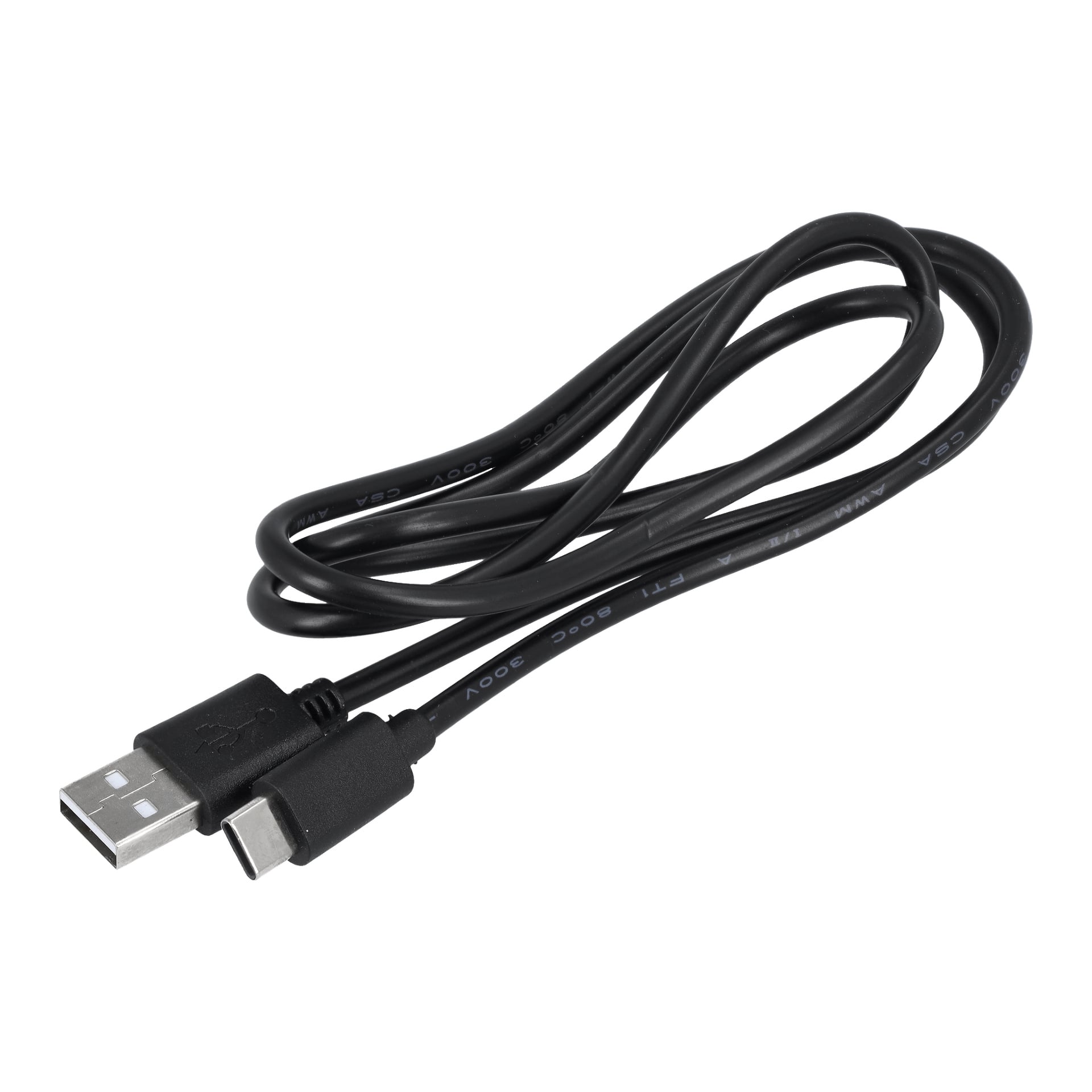 En svart kabel för Anslut uppladdningsbara arbetslampa är löst lindad, med en USB-A-kontakt i ena änden och en USB-C-kontakt i den andra.