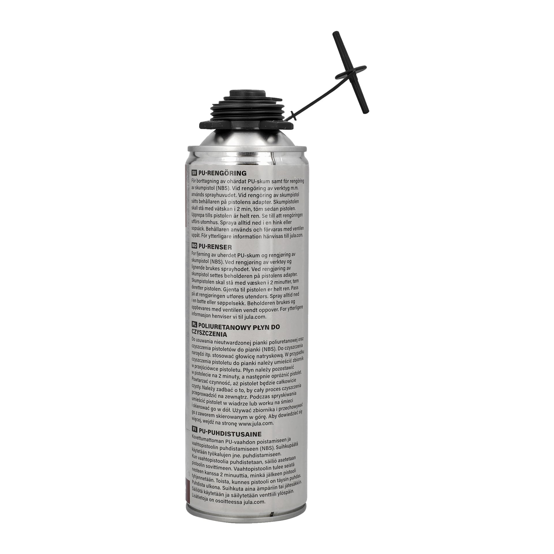En sølvfarget aerosolboks med Hard Head PU-rengjøring med svart lokk og et påkoblet sugerør til dysen. Frontetiketten viser instruksjoner og tekst på flere språk, som forklarer produktets bruk for rengjøring og fjerning av PU-skum.