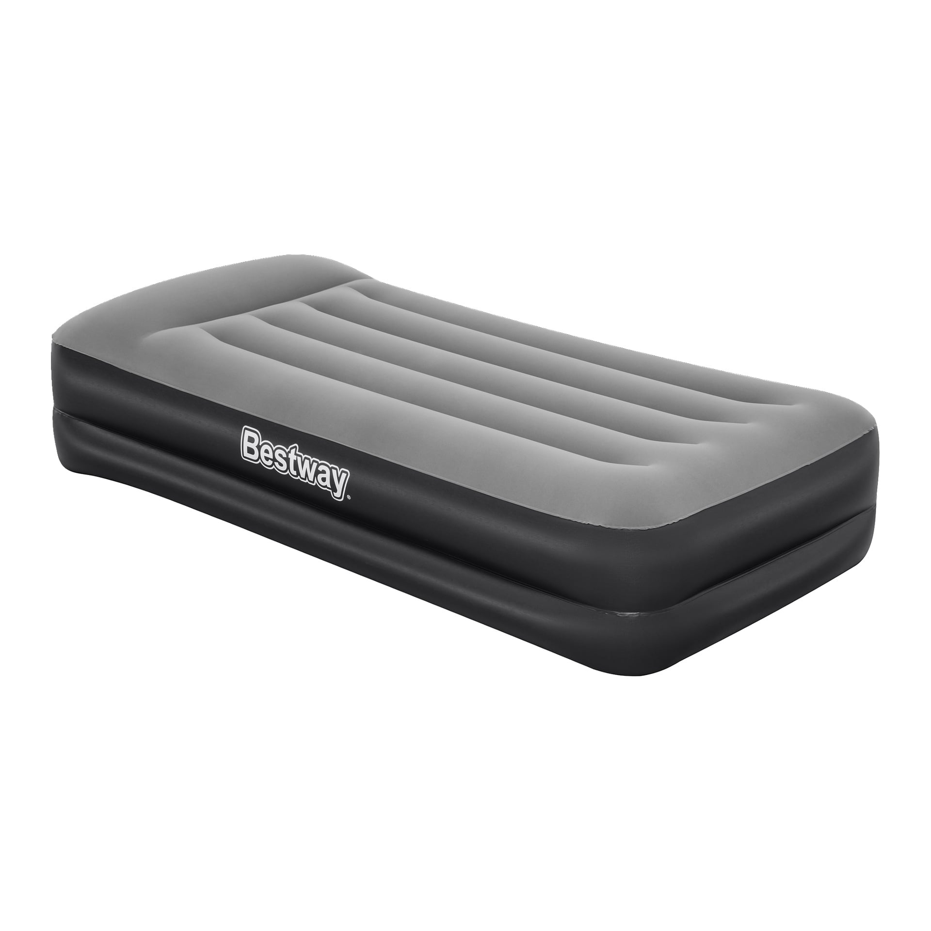 Bestway Inflatable -patja, jossa on sisäänrakennettu pumppu Twin, on harmaa-musta värimaailma, kohotettu reuna ja uurrettu pinta.