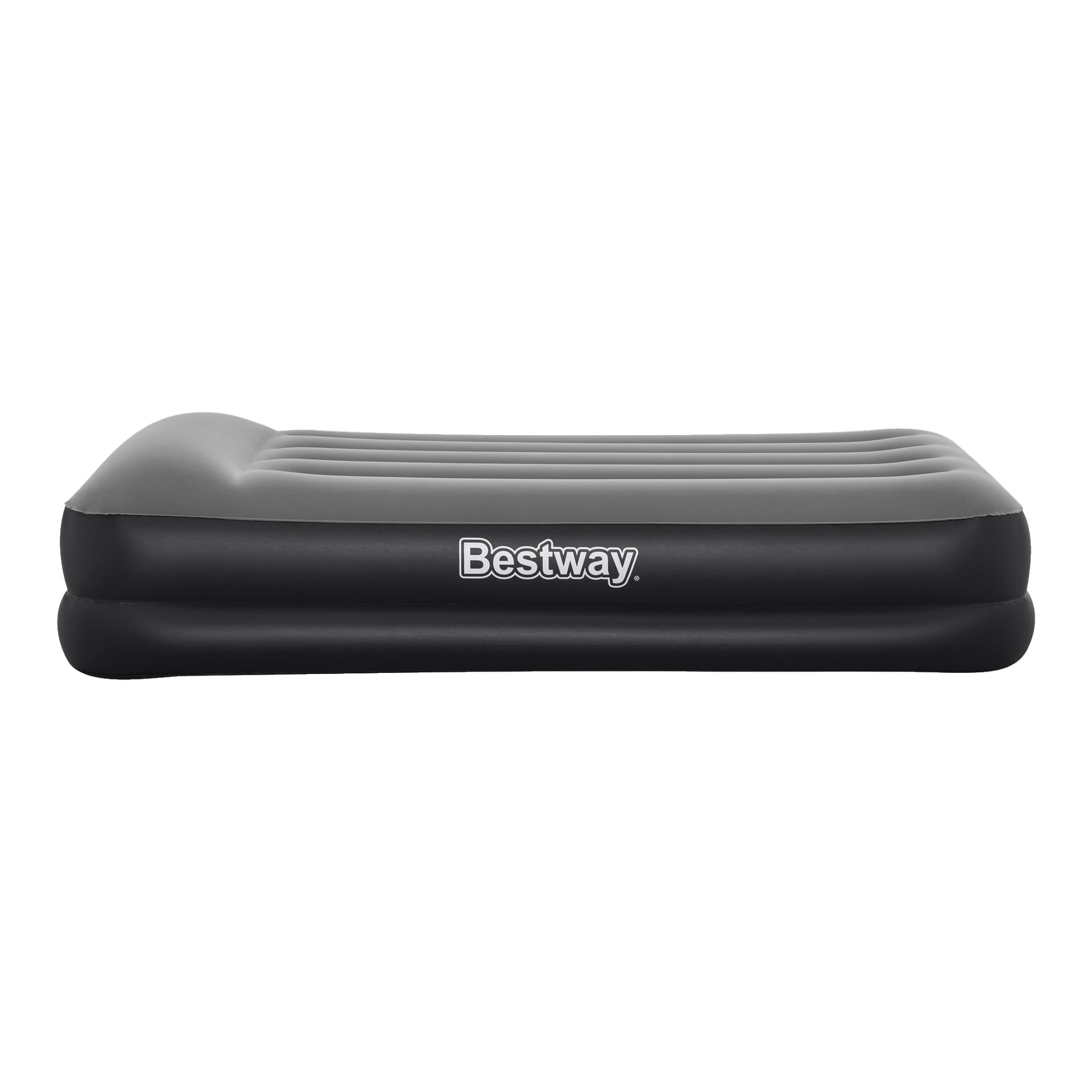 Bestway Inflatable -patja, jossa on sisäänrakennettu pumppu Twin, on musta ja harmaa, ja siinä on korotettu tyynyosasto sekä Bestway-merkki kyljessä.