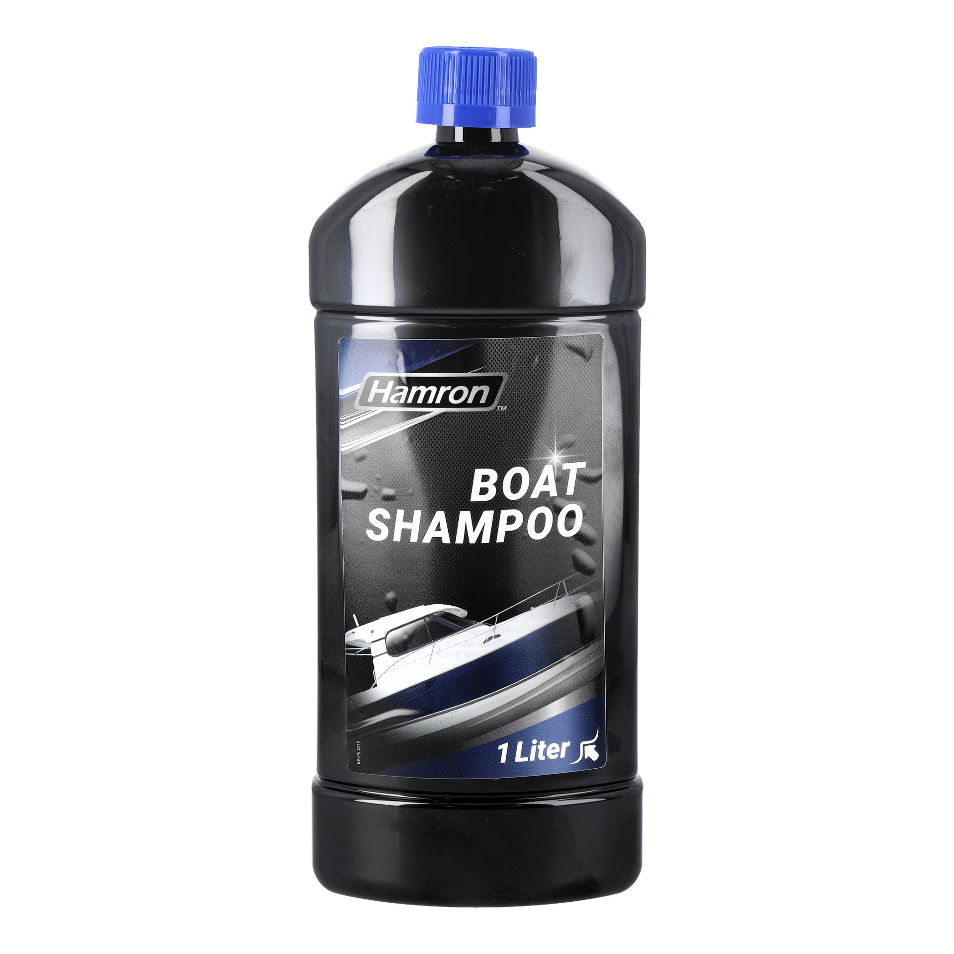 En svart plastflaska med blå kork har en etikett med texten "Hamron Boat Shampoo", en bild av en båt och text som anger att volymen är 1 liter.