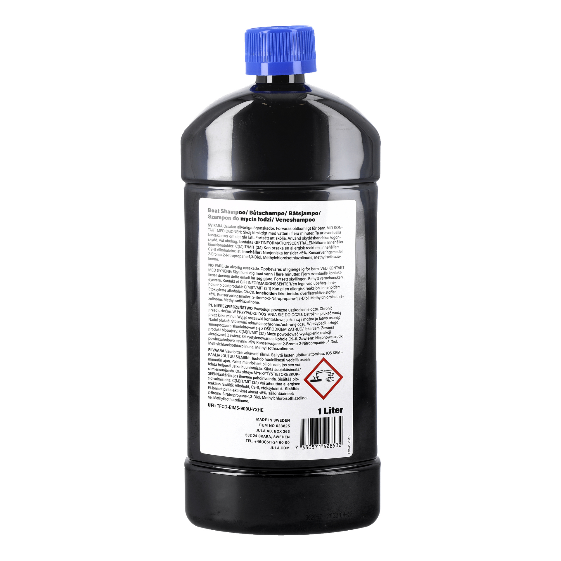 En svart 1-litersflaska med blå kork märkt "Hamron Boat Shampoo." Den vita etiketten har svart text med instruktioner, varningar och produktdetaljer.