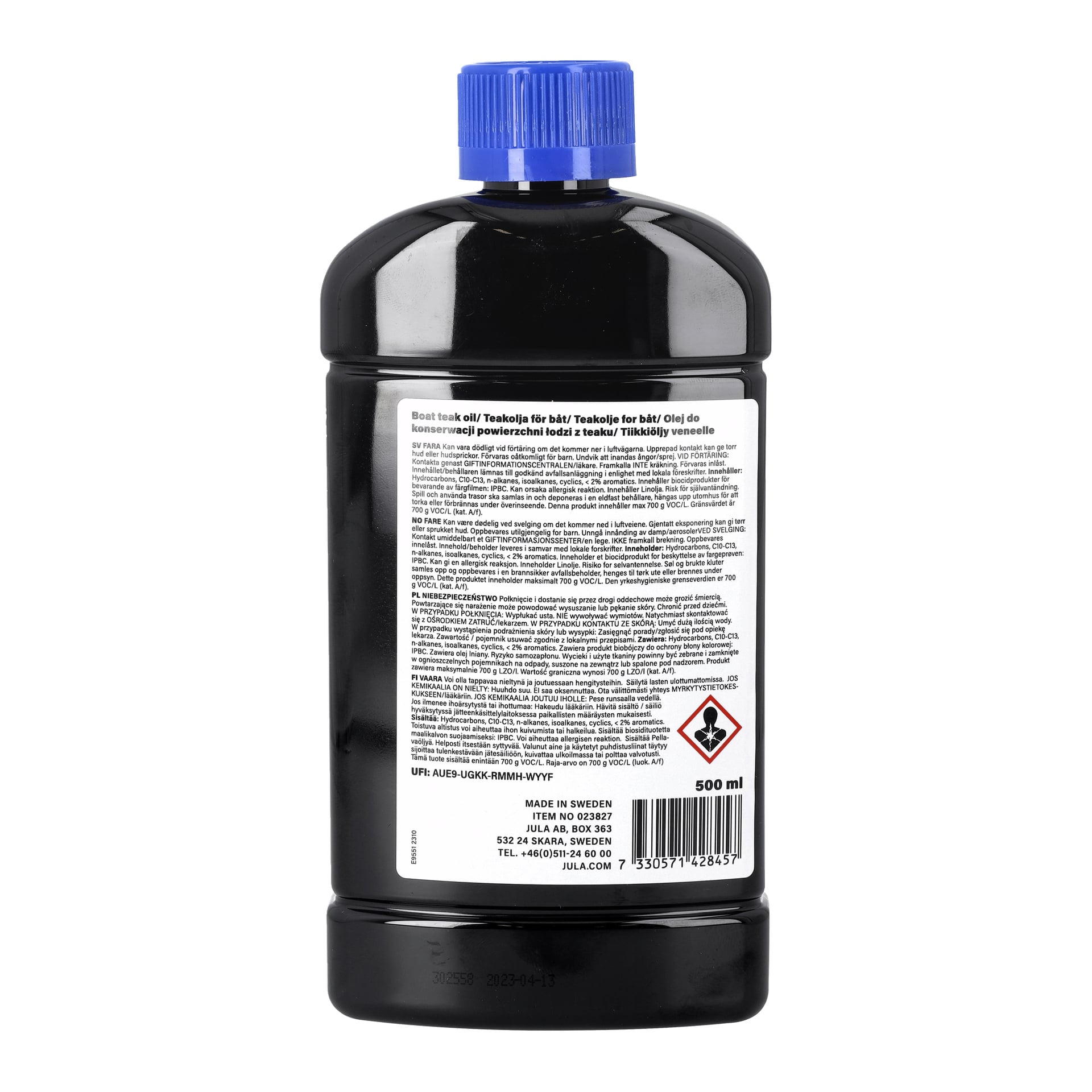 En 500 ml svart plastflaska Hamron's Teak Oil for Boat med en vit etikett som visar olika produktdetaljer, farosymboler och en streckkod; tillverkad i Sverige.