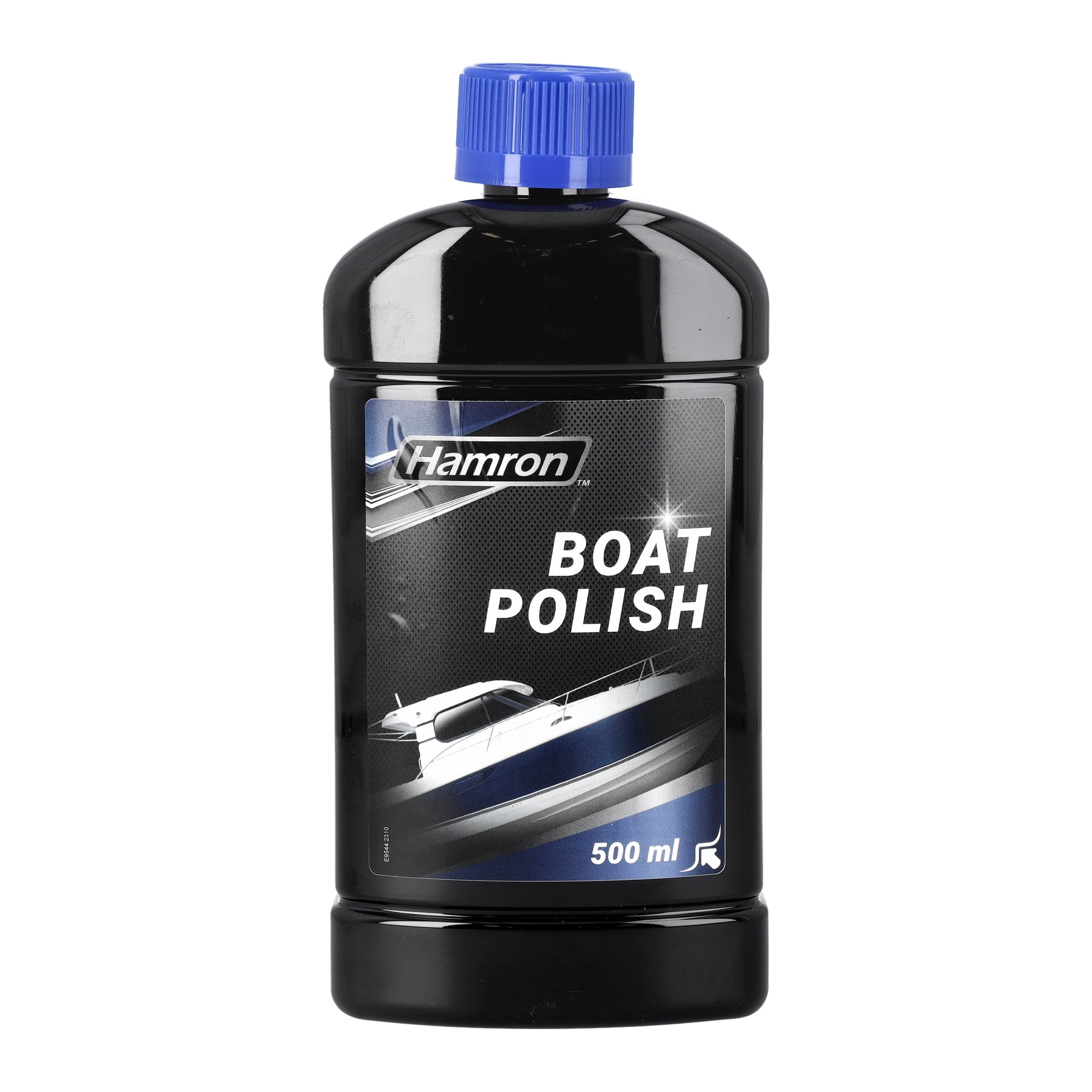 En 500 ml svart plastflaska med Hamron båtpolish med blå kork, med en etikett som visar en bild av en båt och orden "Hamron BOAT POLISH 500 ml" i vitt.