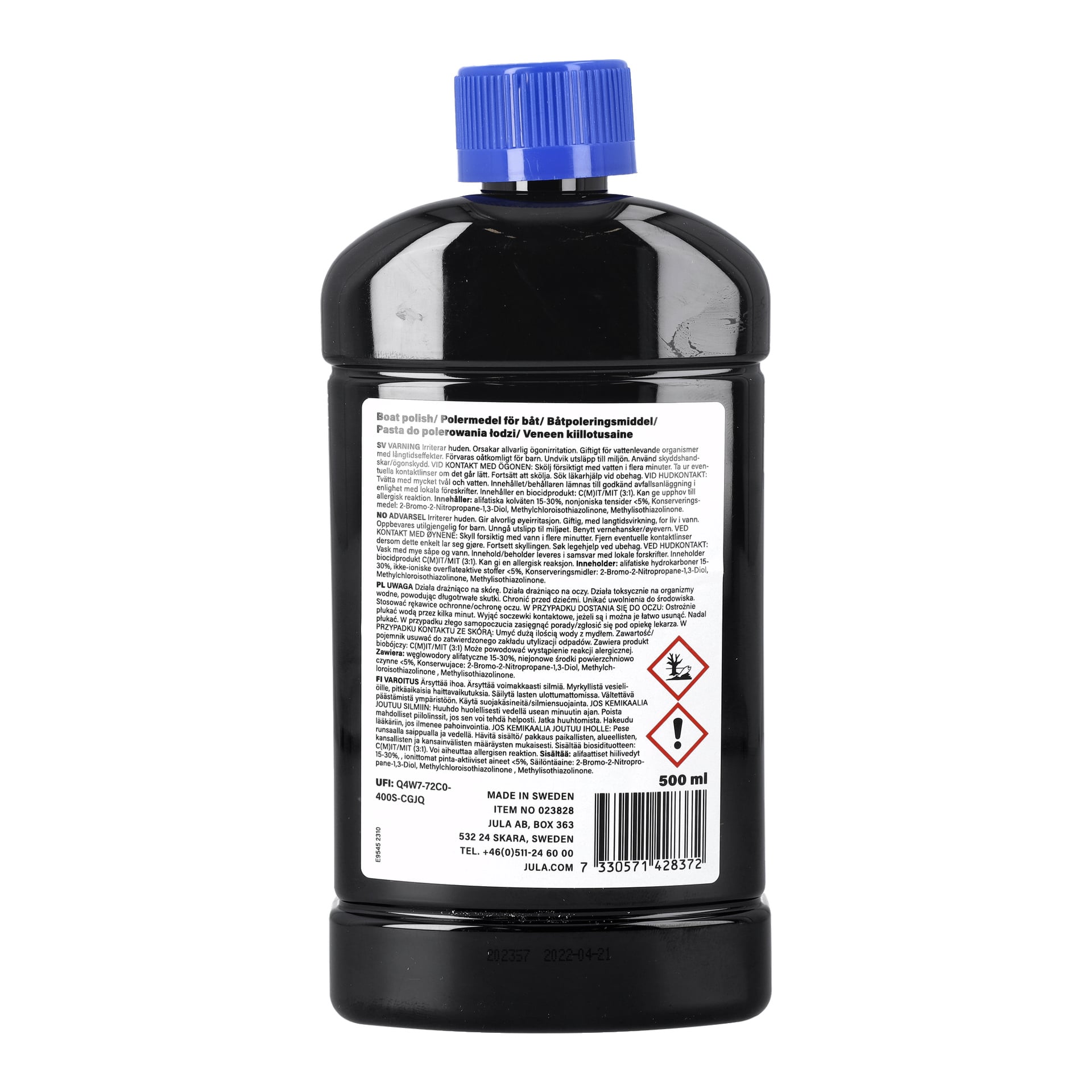 En svart plastflaska med blå kork, som visar en vit etikett med svart text, varningssymboler och produktdetaljer. Etiketten anger att 500 ml-behållaren innehåller Hamron Polish för båtar.
