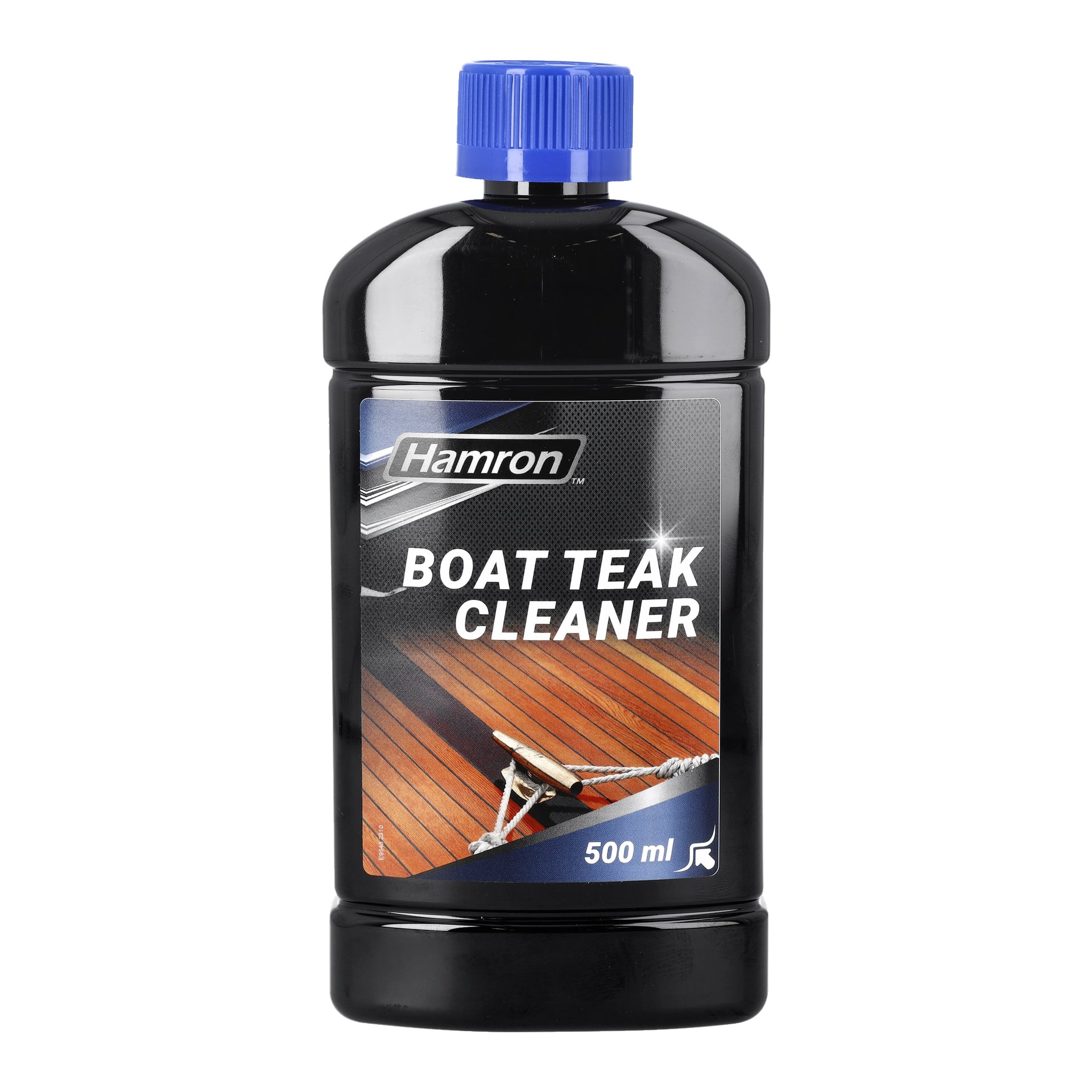 En 500 ml svart plastflaska av Hamron Teak Cleaner for Boat med blå kork och en etikett som visar ett trädäck och vit produktnamnstext.