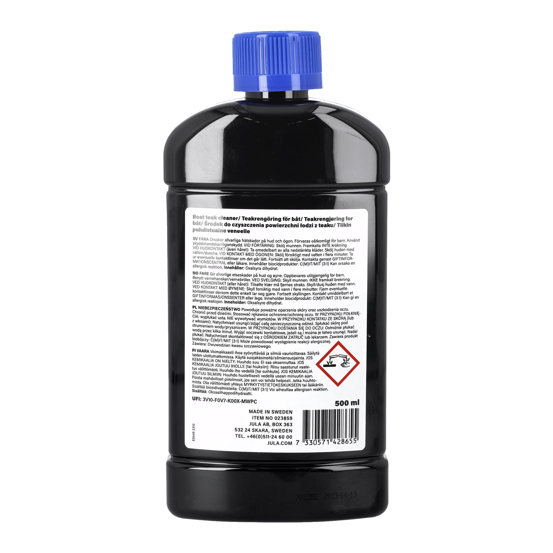 En svart plastflaska med blå kork och en vit etikett med flera rader text, varningssymboler och information om Hamron Teak Cleaner för båt (500 ml). Den nedre delen av etiketten innehåller streckkoden och företagsuppgifter.