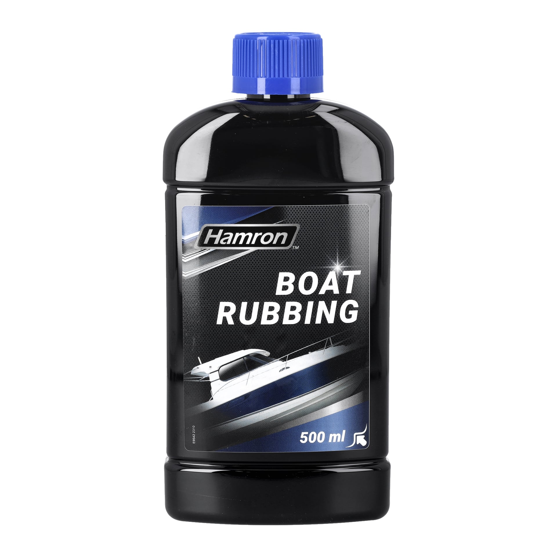 En svart plastflaska på 500 ml med blå kork, märkt Hamron Boat Rubbing och med en båtillustration på framsidan.