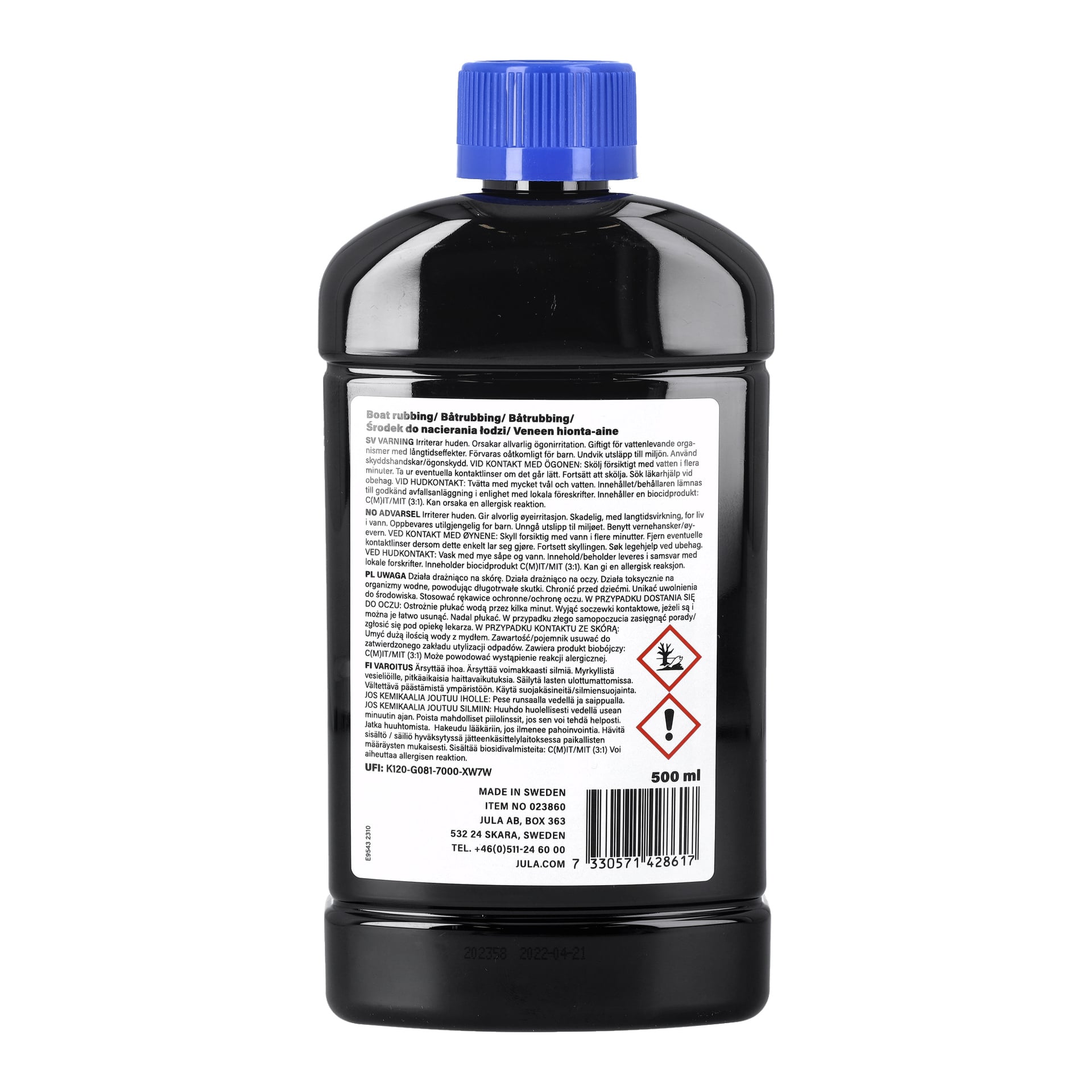 En 500 ml svart plastflaska med blå kapsyl märkt "Hamron Boat Rubbing." Den vita etiketten visar farosymboler och detaljerad produktinformation, inklusive säkerhetsinstruktioner och en varning om miljörisker.