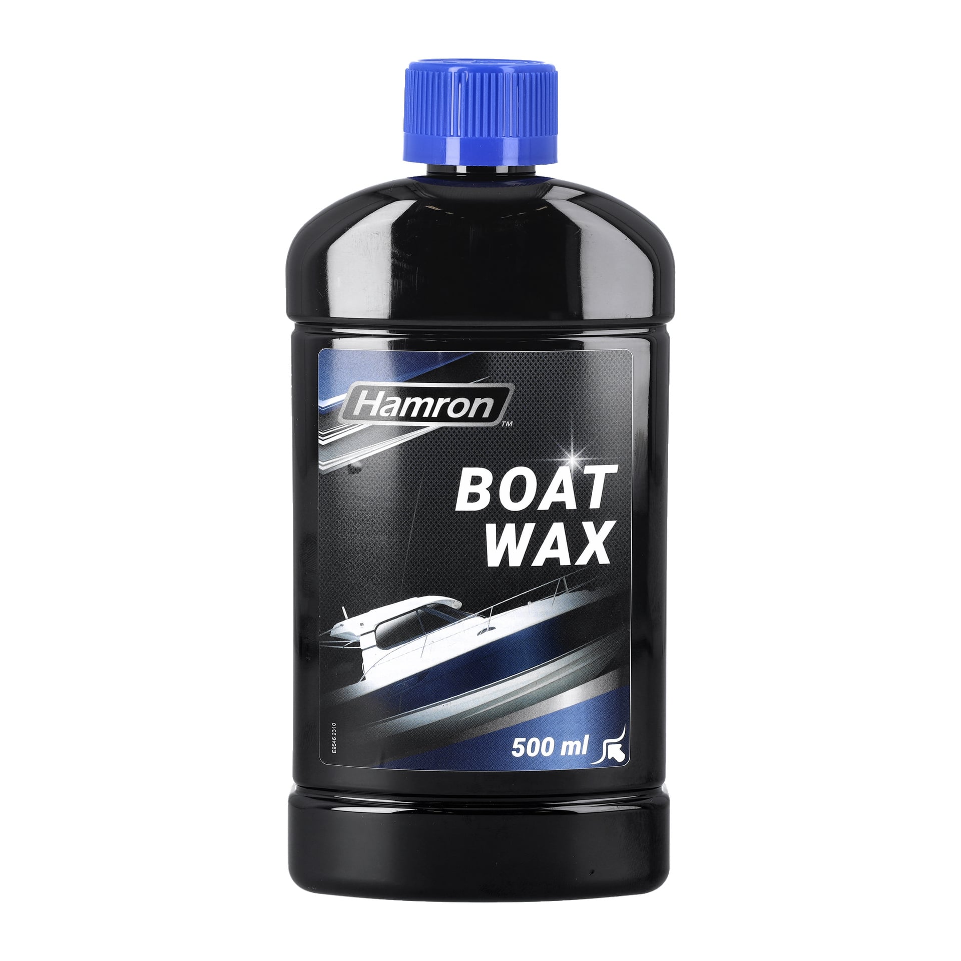En svart plastflaska av Hamron Boat Wax med blå kork, som visar en båtbild på den övervägande svarta etiketten med blå och vit accent, samt text som visar att den rymmer 500 ml.