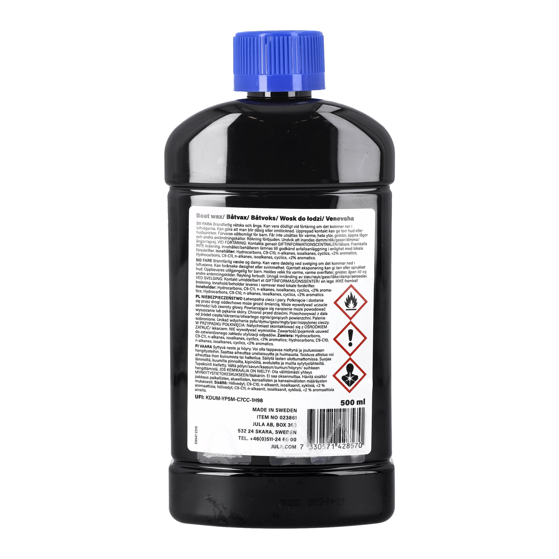 En svart plastflaska med en blå kapsyl märkt Hamron Boat Wax. Etiketten visar bruksanvisningar, säkerhetsvarningar, brandfarlighets- och hälsorisksymboler, anger en kapacitet på 500 ml och inkluderar företagets kontaktuppgifter längst ner.