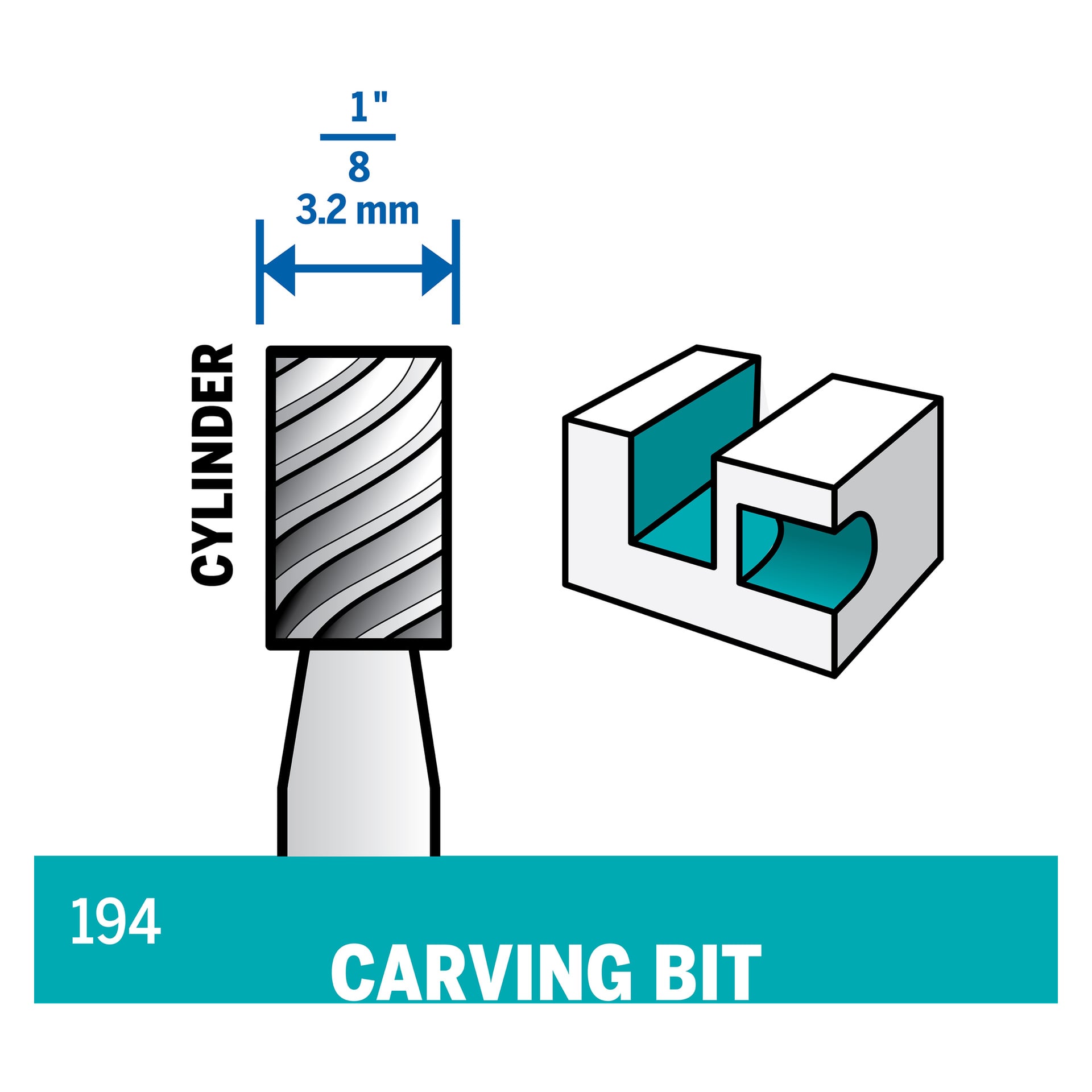 En Dremel HSS 194-fräsfräs, 1/8 tum (3,2 mm) stor, visas bredvid en diagram som illustrerar spåret den skär. Nedan finns siffran 194 och etiketten "Router HSS 194 2 pack.
