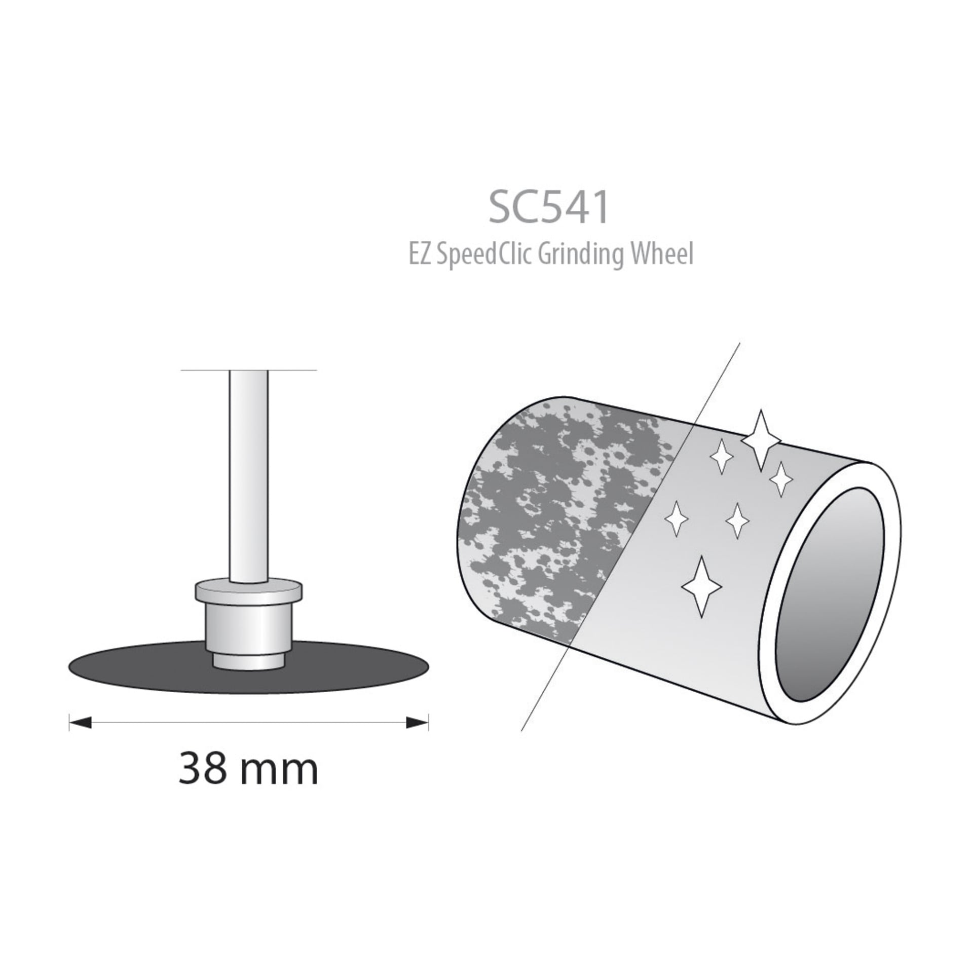 Diagram som visar två Dremel SC541 SpeedClic slipskivor (38 mm diameter) fästa vid ett roterande verktyg, med en illustration som visar skivan polera ett cylindriskt föremål.