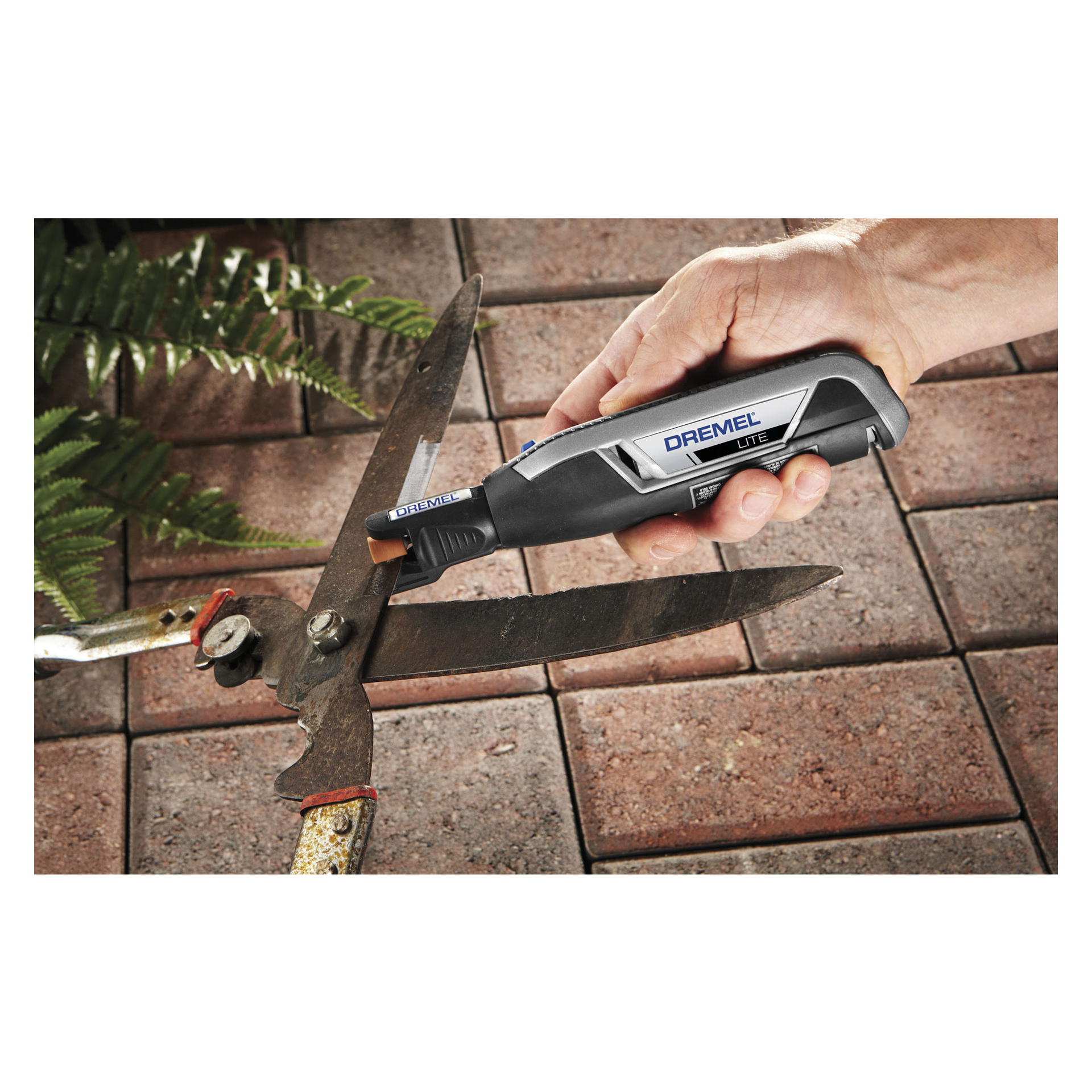 En person använder en Dremel Grindstone 932 (3-pack) för att vässa rostiga trädgårdssaxar på en tegelstensterrass, med en ormbunke i bakgrunden.