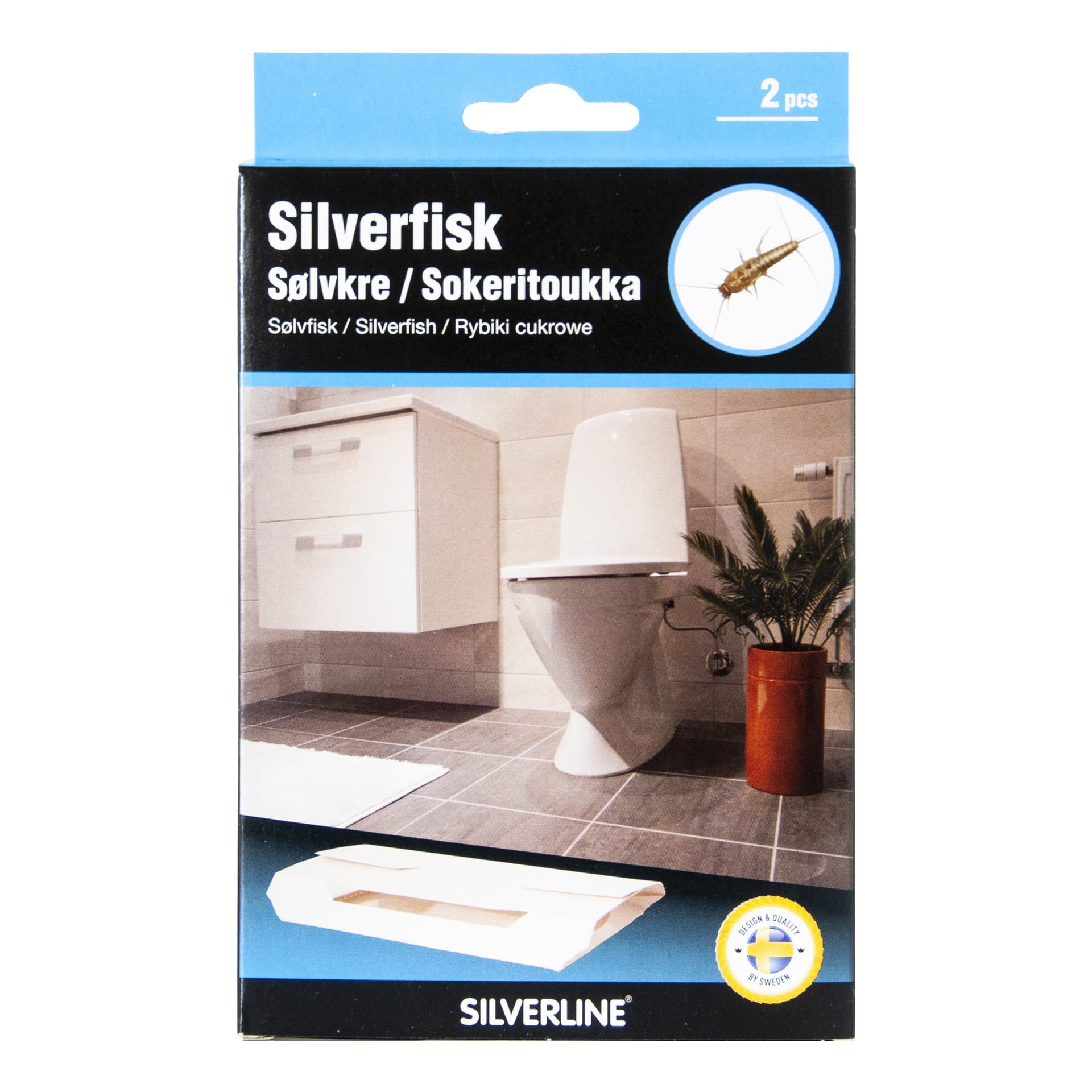 Laatikko Silverline Silverfish Trap 2 -pakkausta esillä kylpyhuonekohtauksen edessä, jossa on wc, allaskaappi ja kasvi, sekä lähikuva hopeakala-hyönteisestä. Pakkauksessa on erilaisia tekstitietoja.