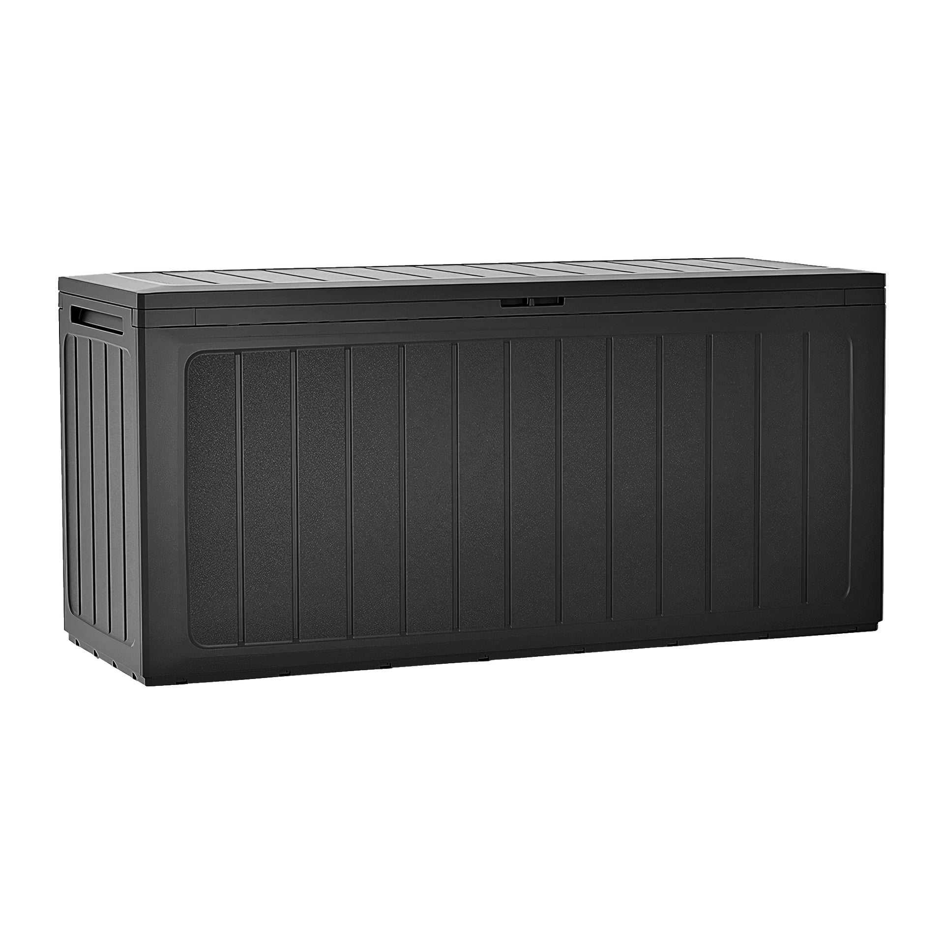 En Hard Head Cushion-låda gjord av svart plast med en stor rektangulär design, platt lock och vertikala paneldetaljer längs sidorna och framsidan. Förvaringslådan visas stängd.