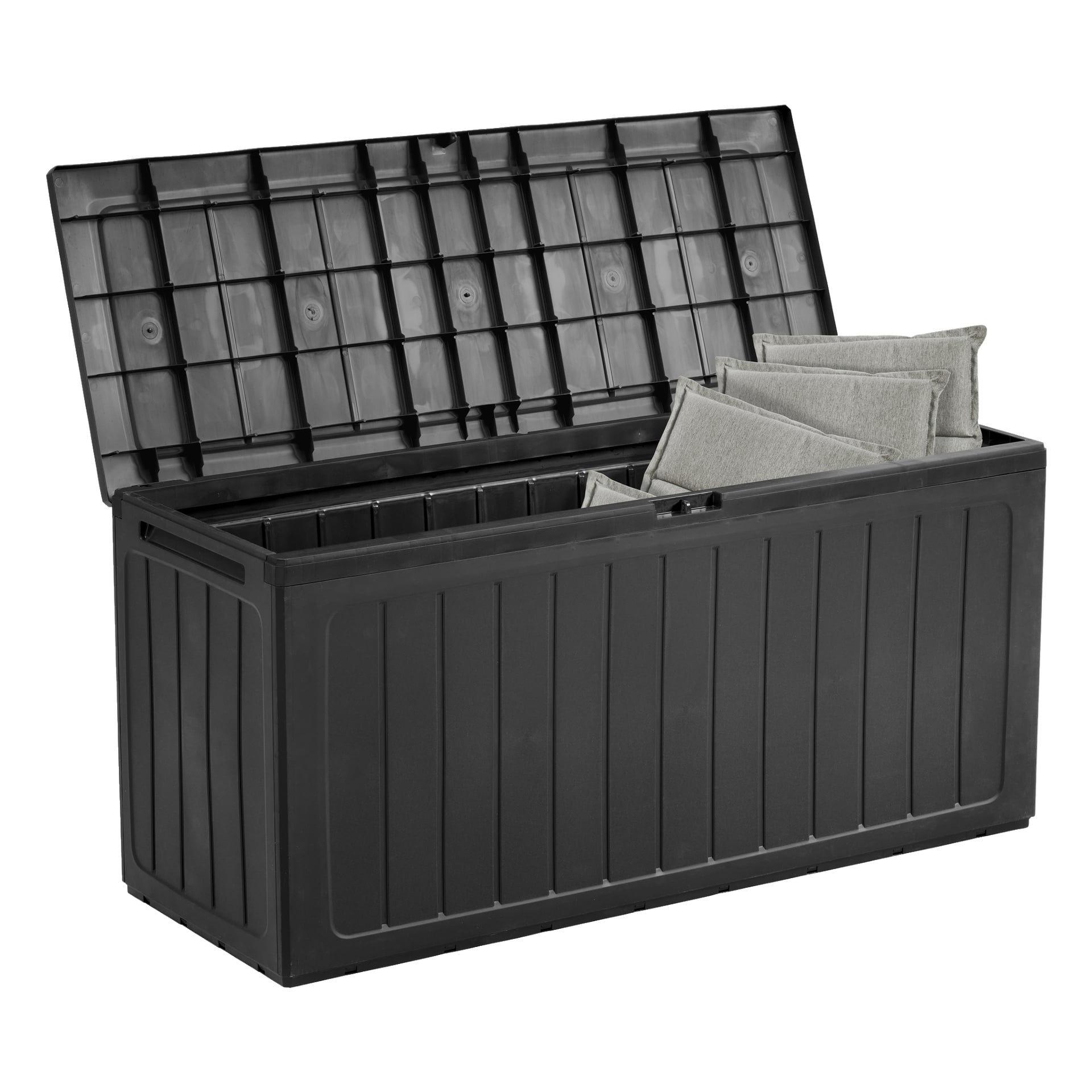 Hard Head Cushion-lådan är en stor, rektangulär svart plastbehållare med vertikala spår på sidorna och ett gångjärnsförsedd lock, öppet med flera grå tygkuddar inuti.