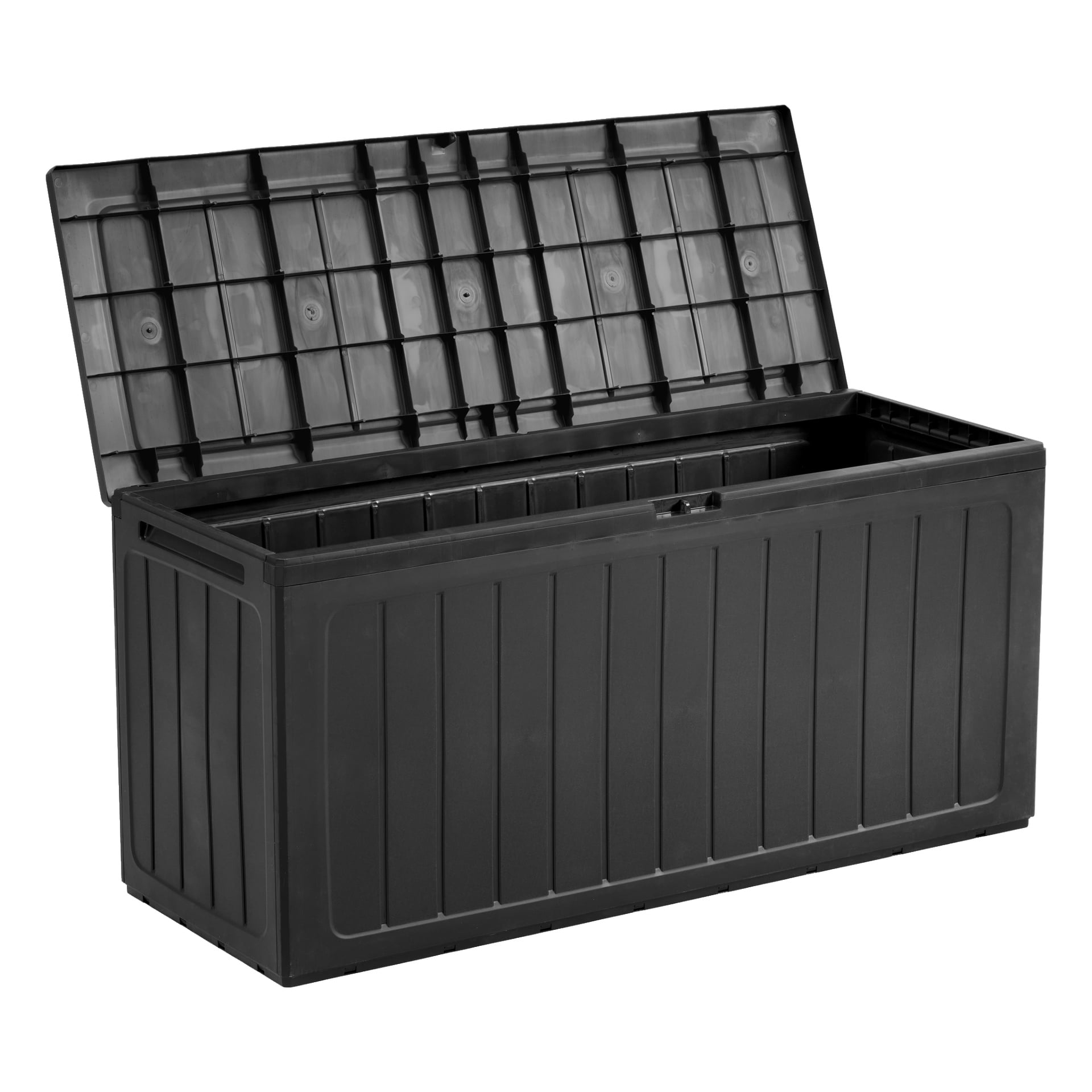 En stor svart plastlåda med Hard Head Cushion och öppet lock. Den rektangulära behållaren visar vertikala åsar längs sidorna och flera fack inuti.