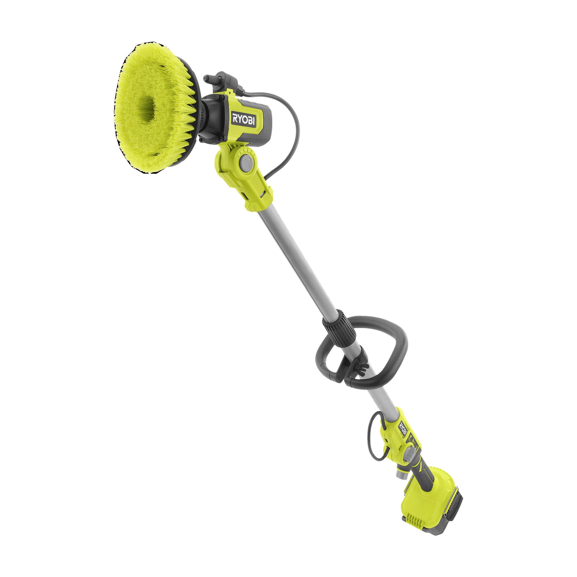 Ryobi One+ roterande tvättborste RWTS18-0 har en grön och svart design, ett stort cirkulärt gult borsthuvud och ett justerbart handtag som är byggt för effektiv rengöring av stora ytor.