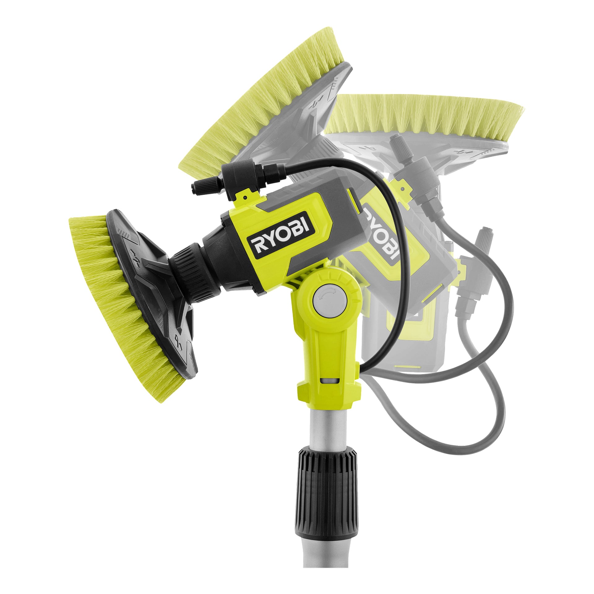 Ryobi One+ roterande tvättborste RWTS18-0, med sin gula och svarta design, justerbart vinkelhuvud och rundborstfäste, visas i två olika vinklade positioner på sin utdragbara stång.