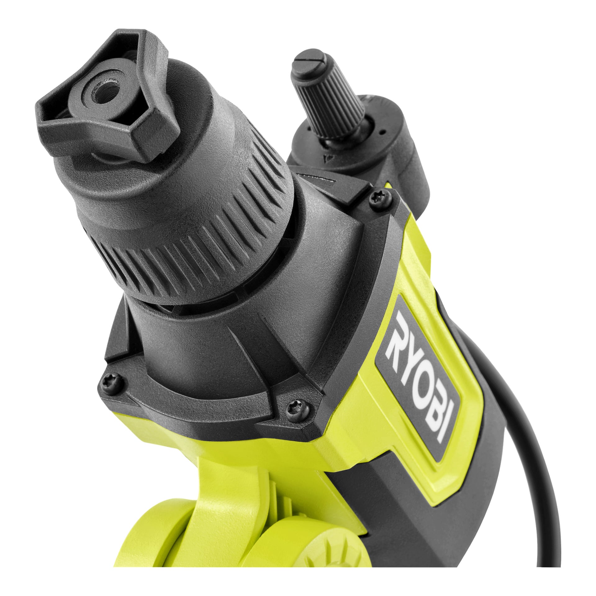 Närbild på en Ryobi One+ roterande tvättborste RWTS18-0, med svarta och klara gröna färger, synlig märkesetikett, justeringsratt och sladdfäste.