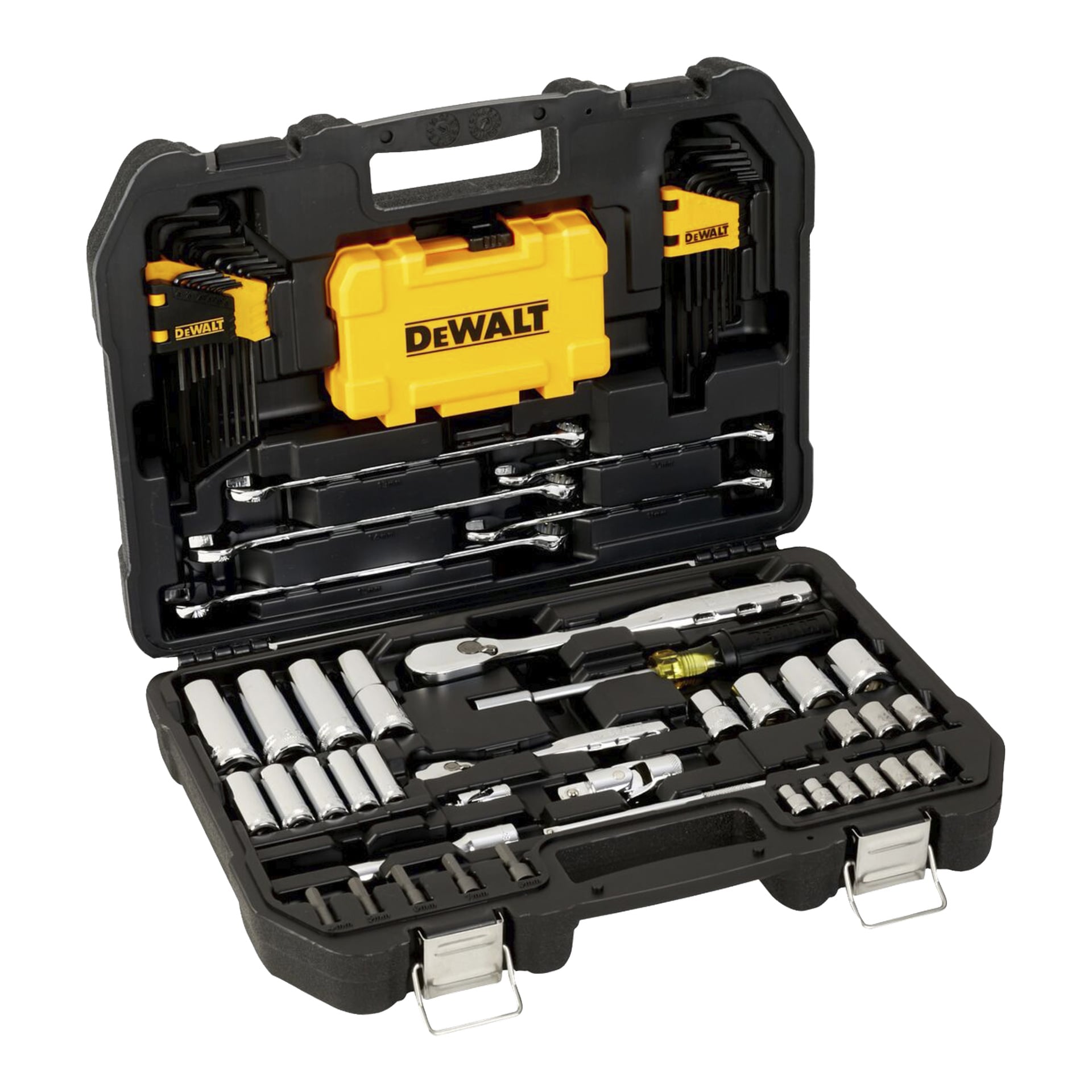 Ett svart plastfodral med silverlås innehåller ett DeWalt Box Spanner Set med 89 delar, inklusive en gul DeWalt-låda och en mängd prydligt ordnade handverktyg såsom skiftnycklar, insexnycklar, hylsor och spärror i specialgjutna spår.