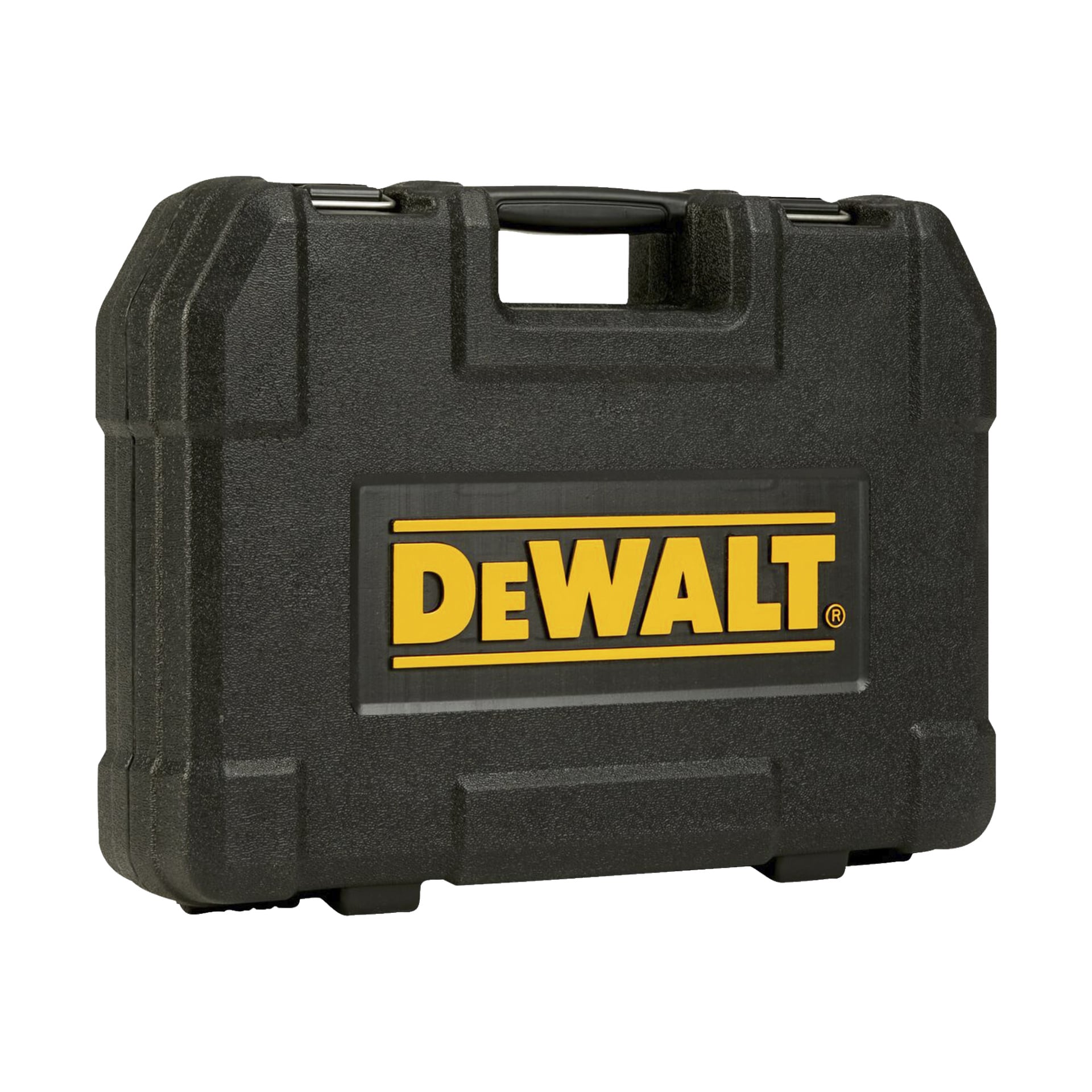 En robust svart plastväska med handtag, med en djärv gul och svart DeWalt-logga på framsidan. Byggd för styrka och enkel hantering har fodralet förstärkta hörn och texturerade sidor, och innehåller ett 89-delat DeWalt-boxskiftnyckelset inuti.