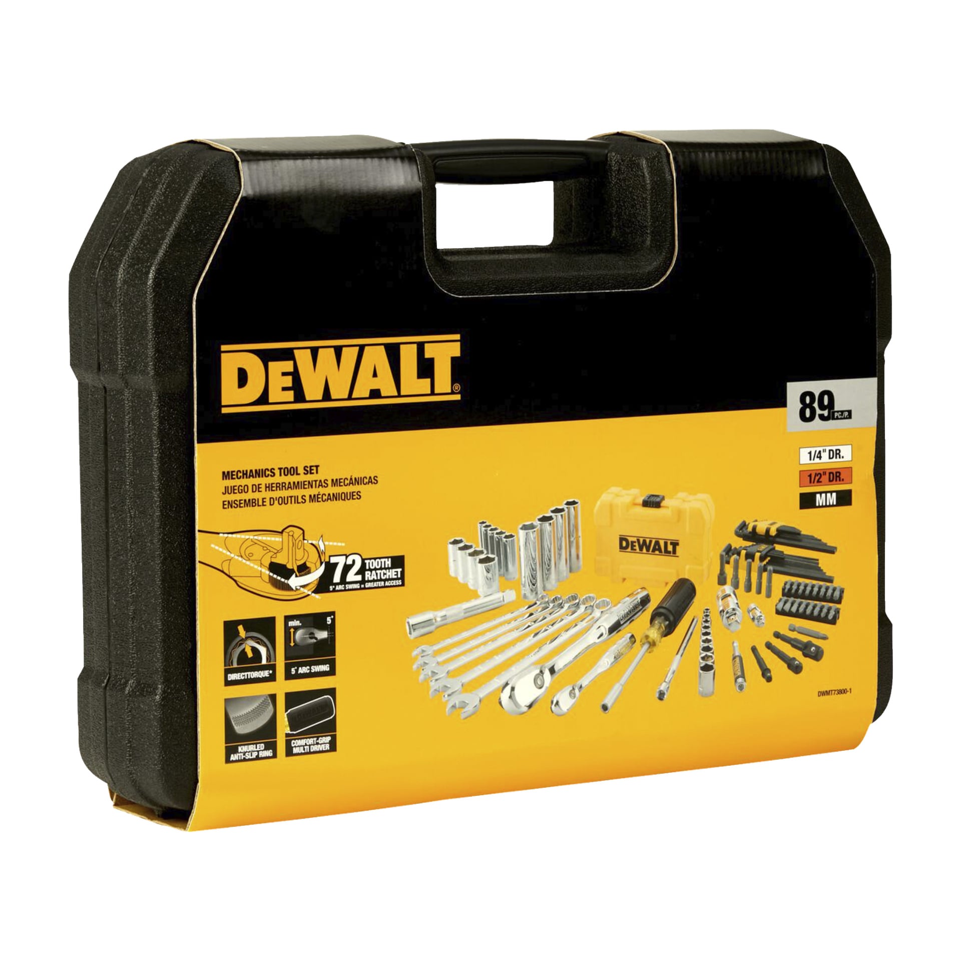 Ett svart och gult DeWalt-boxskiftnyckel-fodral visar bilder på hylsor, spärrar och bitar inuti. Etiketter anger att setet innehåller 89 delar, inkluderar både metriska och SAE-storlekar, och har en spärrspärr med 72 tandar.