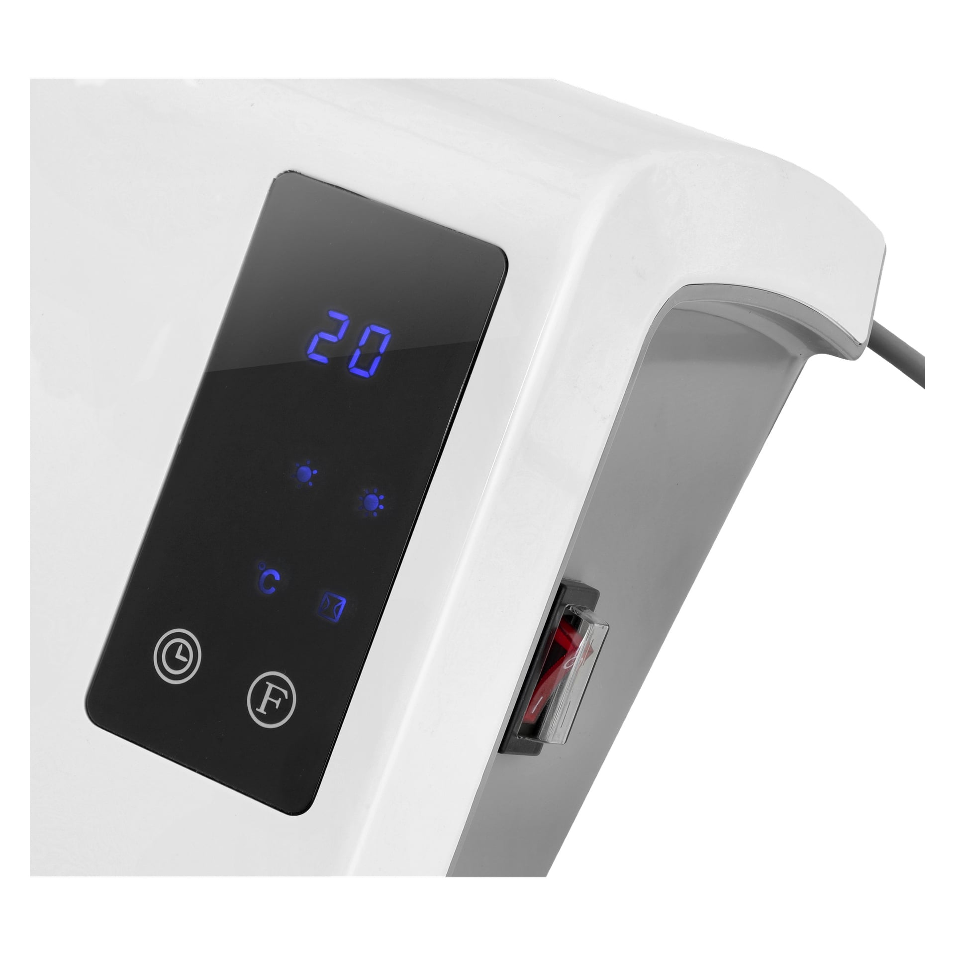 Nærbilde av Anslut Bathroom heater, en hvit enhet med en svart digital skjerm som viser tallet 20, blå indikatorsymboler, flere knapper, en rød bryter og en synlig strømkabel på siden.