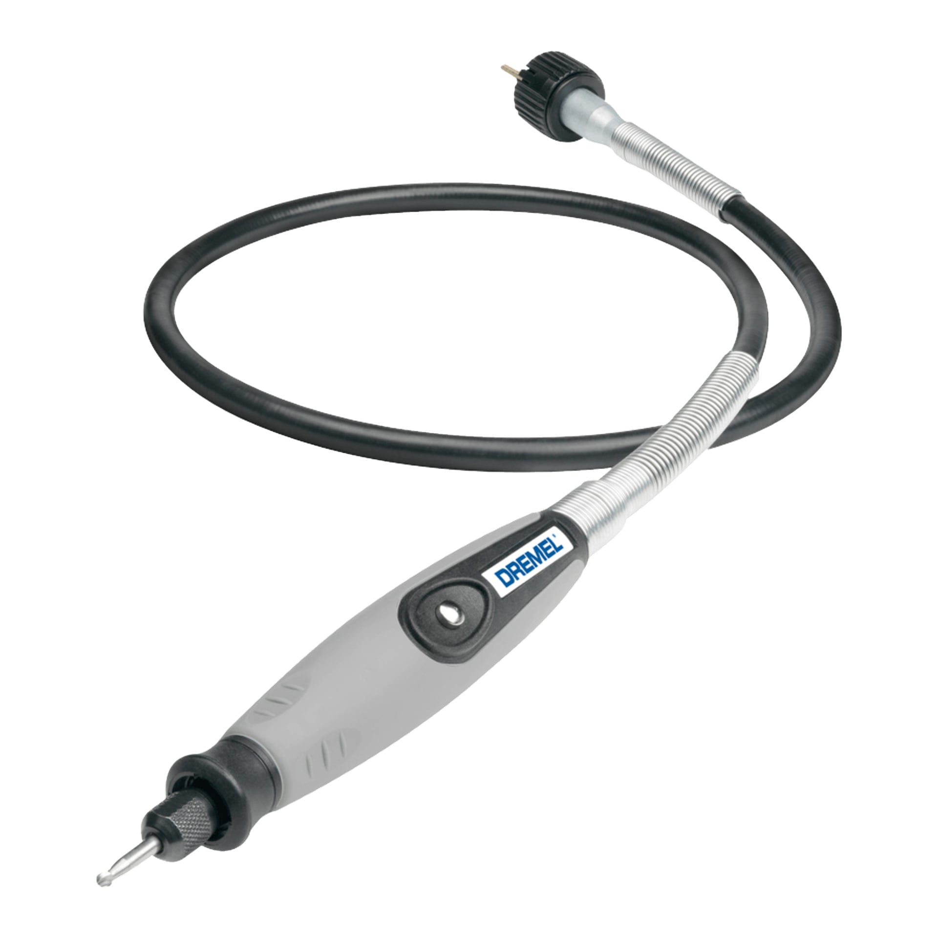 En roterande verktygsförlängning kompatibel med Dremel slip-/graveringsmaskin 3000-1/25, visad med ett grått handstycke med "Dremel"-etiketten, en svart strömknapp, en fin precisionsspets, en ansluten svart sladd och ett hållbart metallspolshölje med skruvkontakt.