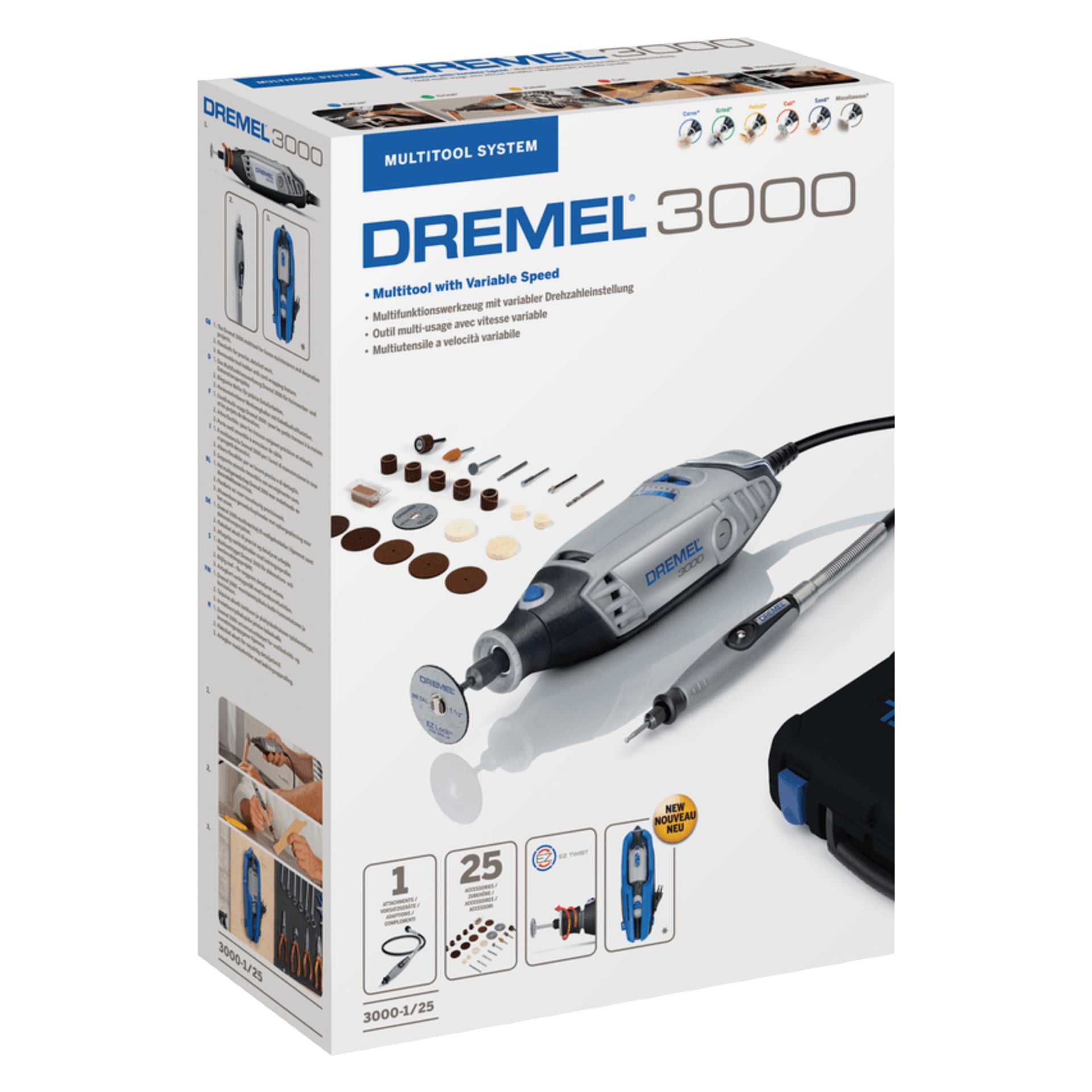 Lådan för Dremel slip-/graveringsmaskin 3000-1/25 visar bilder på verktyget, dess tillbehör och en förvaringslåda. Texten markerar variabel hastighet och multifunktionell användning. Paketeringen visar flera applikationsscenarier med visuella bilder av alla inkluderade delar.