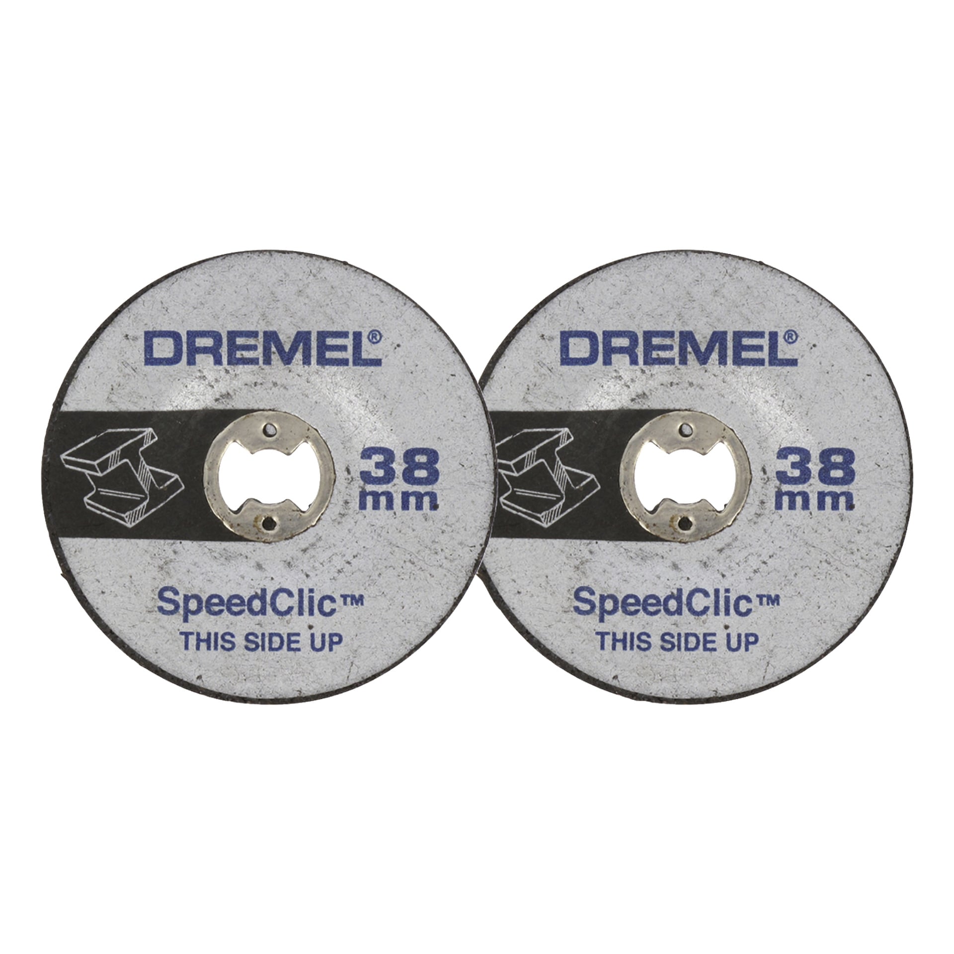 Ett par Dremel SC541 SpeedClic slipskivor, var och en med en metallcentral och märkt med "THIS SIDE UP", visade bredvid varandra.
